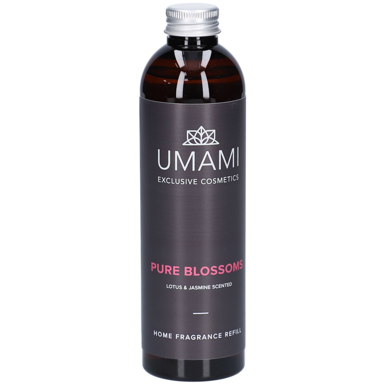 Bruine glazen fles met zilveren dop. Etiket met logo, tekst: Pure Blossoms, Lotus & Jasmin, Home Fragrance Refill.