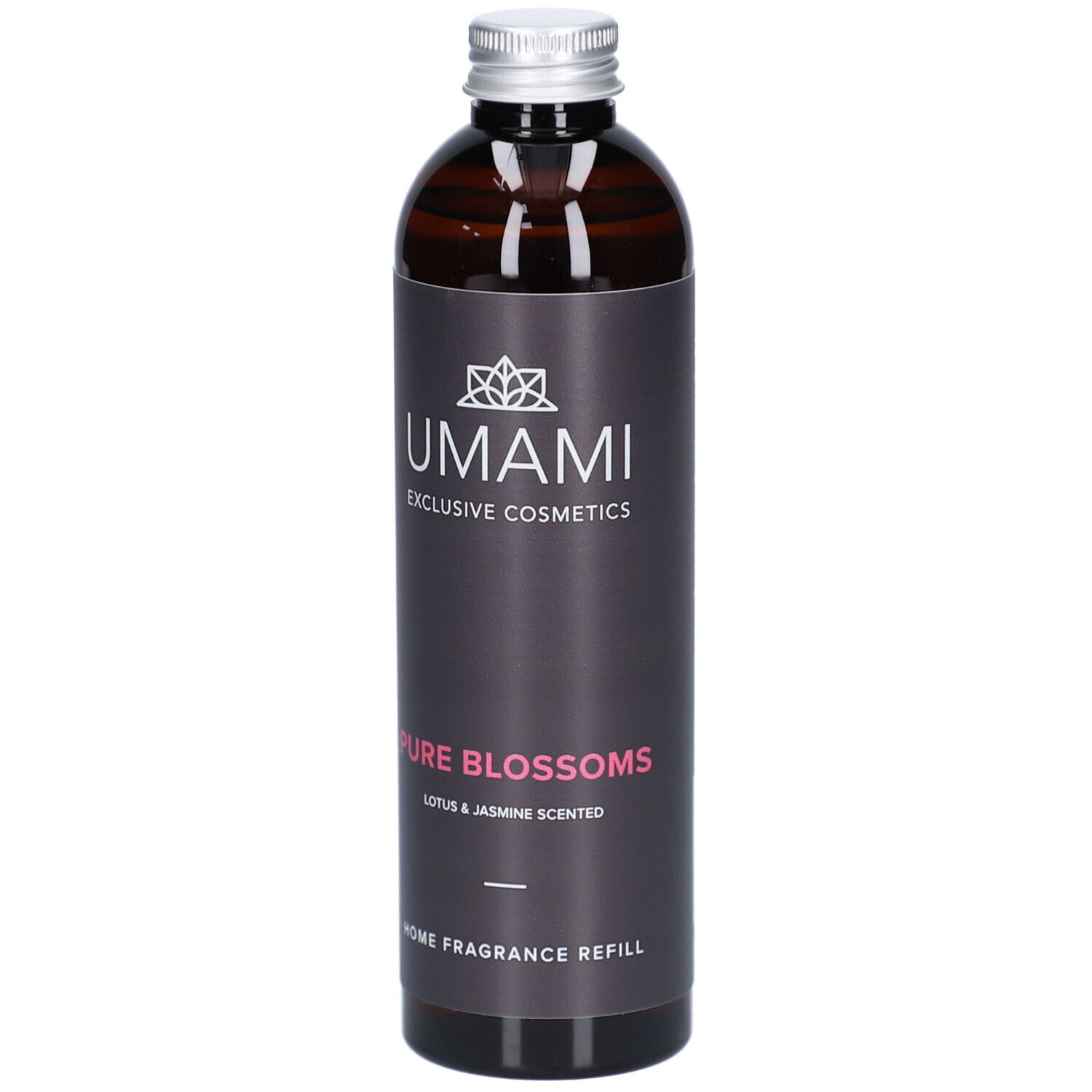Flacon en verre brun avec bouchon argenté. Étiquette avec logo, texte "Pure Blossoms" et "Home Fragrance Refill".