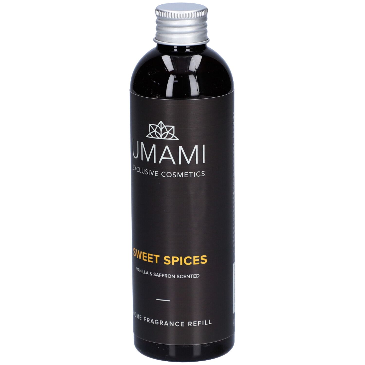 Donkere fles met zilveren dop. Opschrift: UMAMI, Sweet Spices, Vanille & Saffraan. Home Fragrance Refill.