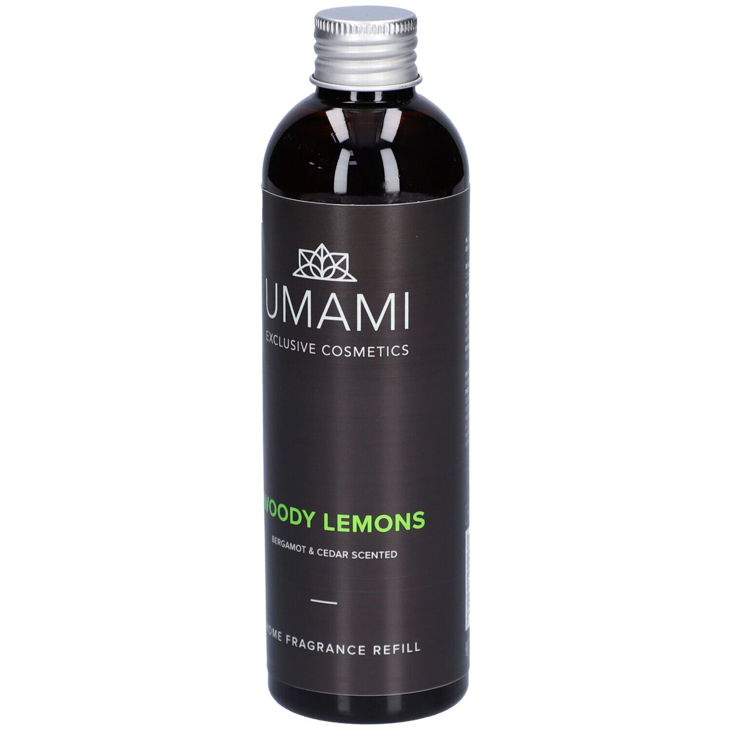 Flacon en verre brun avec bouchon argenté. Étiquette noire avec texte blanc: UMAMI, Woody Lemons, Home Fragrance Refill.