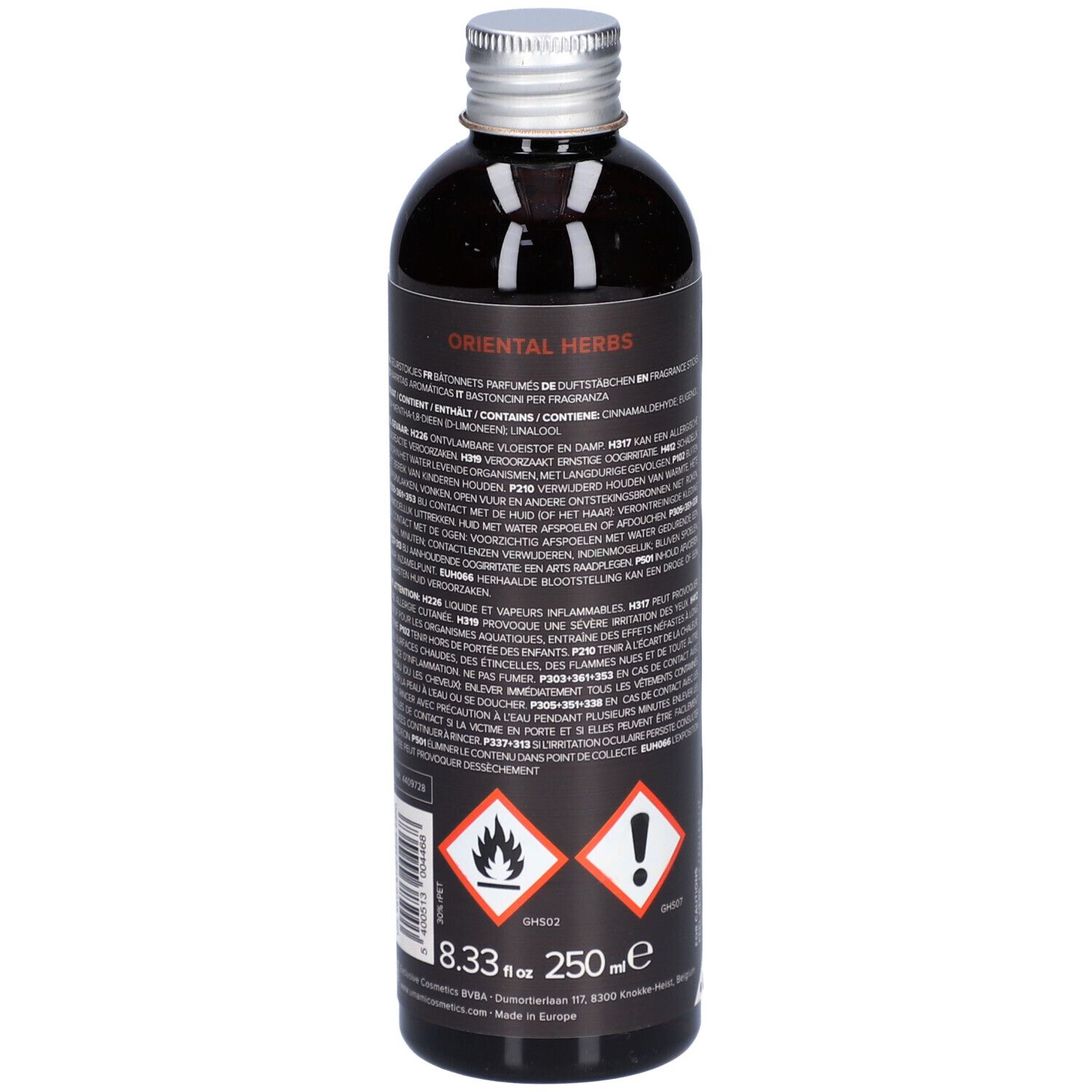 Achterkant van de fles. Tekst in meerdere talen. Gevarenpictogrammen. Volume: 250 ml.