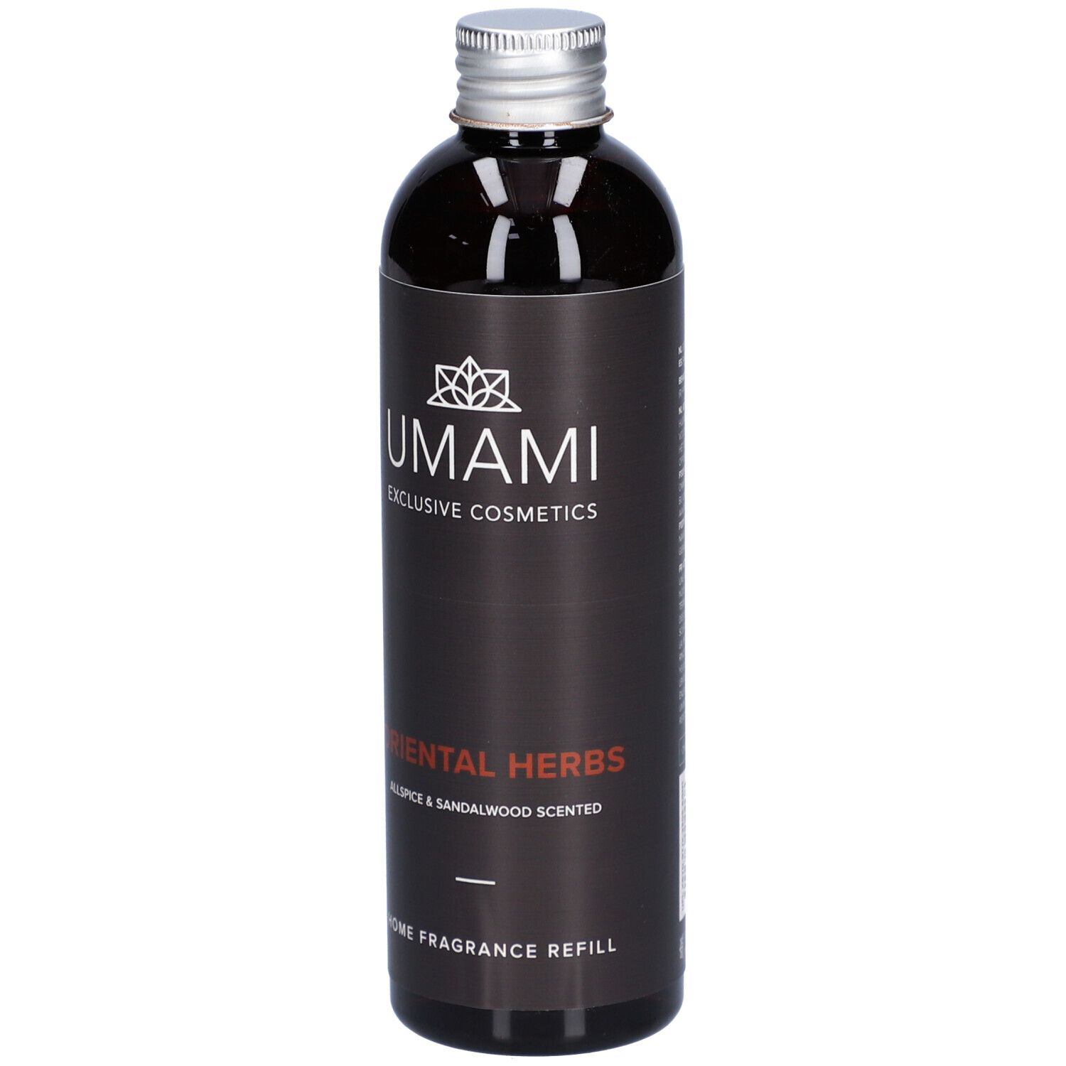 Bruine fles met zilveren dop. Opschrift: UMAMI, ORIENTAL HERBS, HOME FRAGRANCE REFILL.