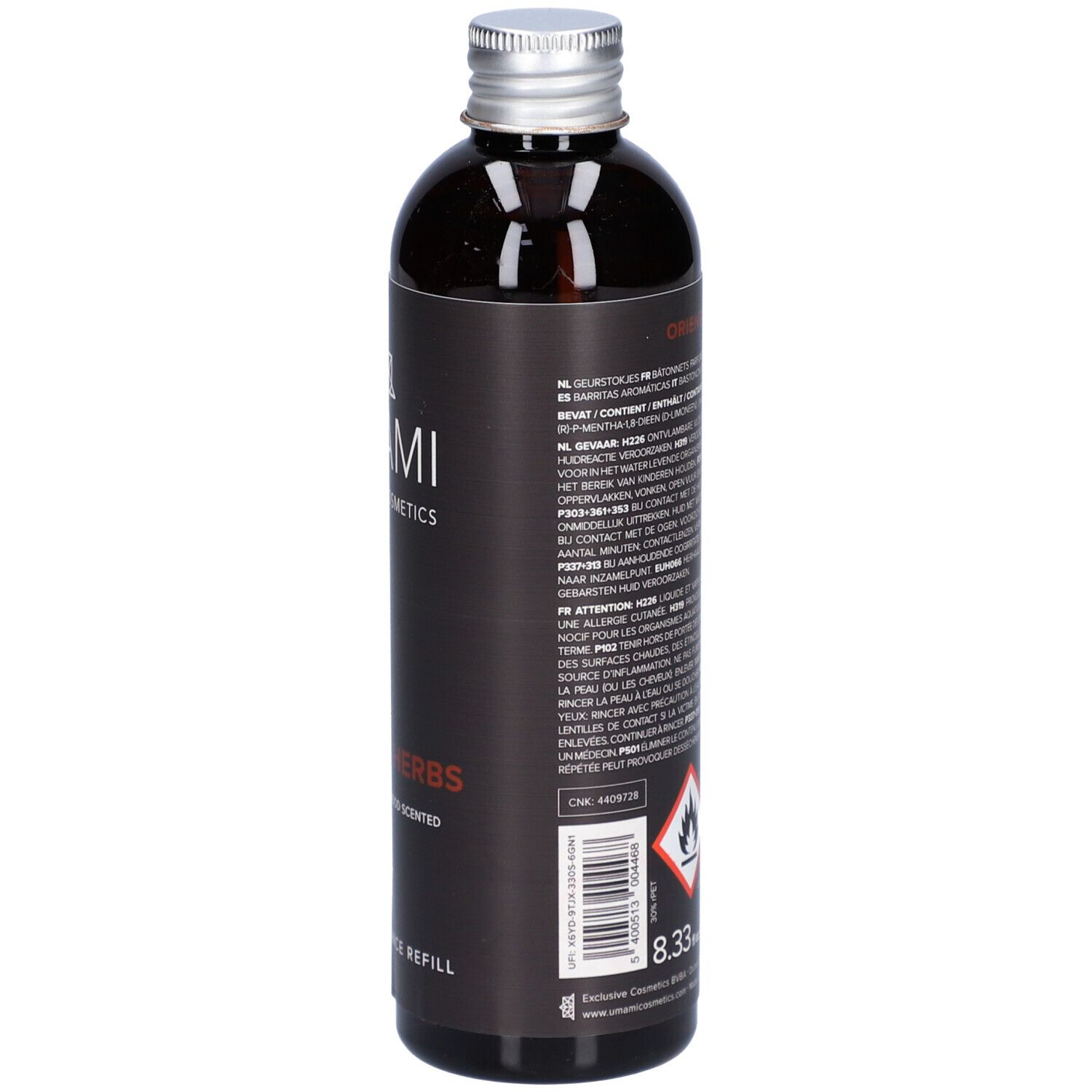 Achterkant van de fles. Tekst in meerdere talen. Gevarenpictogrammen. Volume: 8.33 fl.oz.