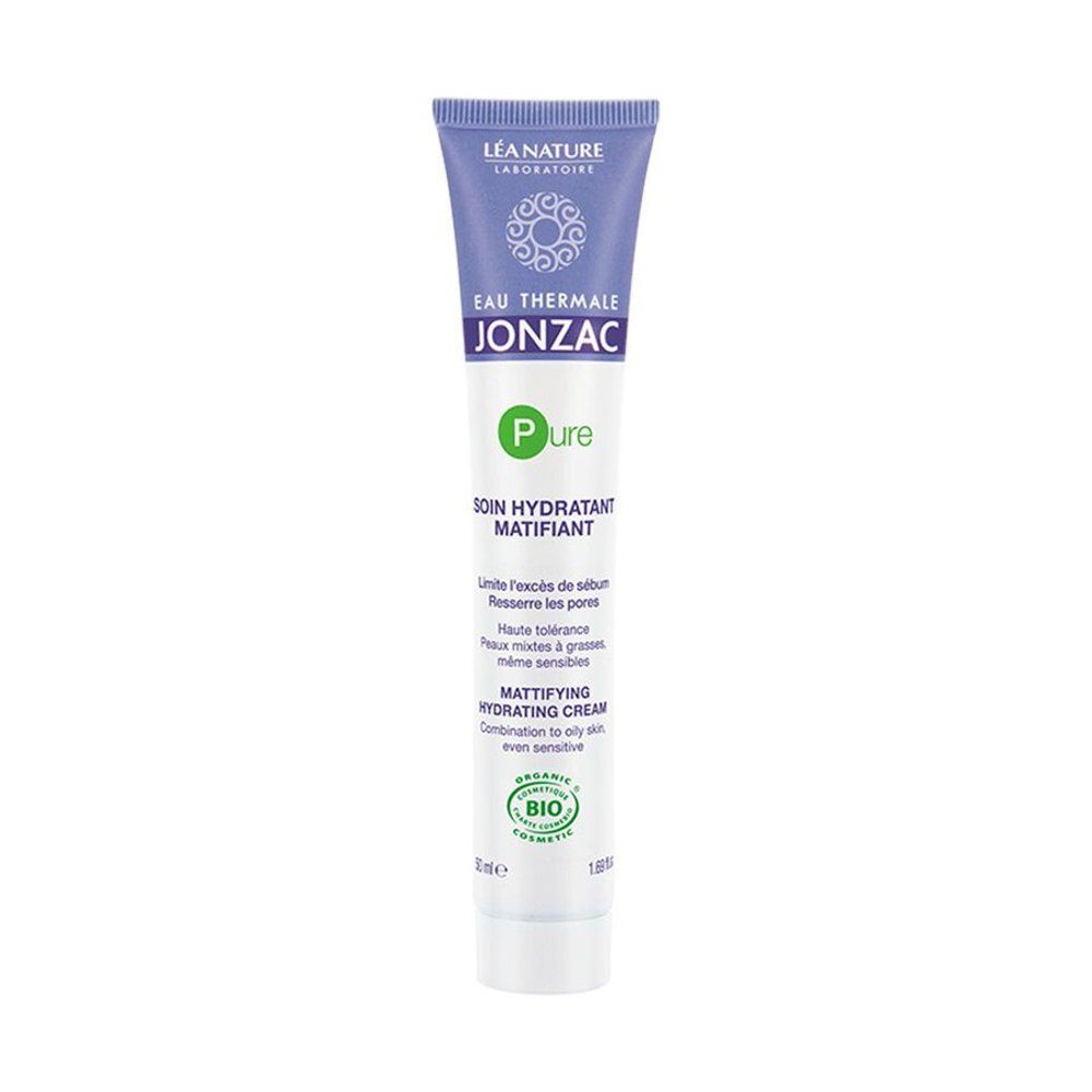 Tube matterende hydraterende crème. Opschrift: Eau Thermale Jonzac Pure. Bio-certificering. Voor de gemengde tot vette huid, ook gevoelig.