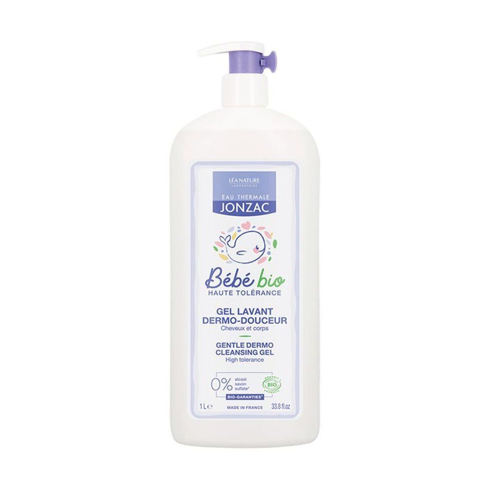 Witte fles met blauw etiket. Tekst: Jonzac Bébé bio, Gel Lavant Dermo-Douceur. 1 liter.