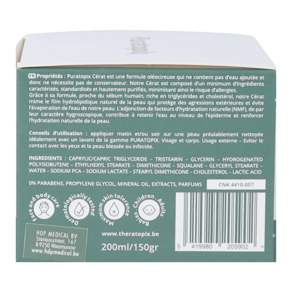 Productverpakking. Opschrift: Puratopix Cérat. Groen-witte verpakking met tekst en logo.