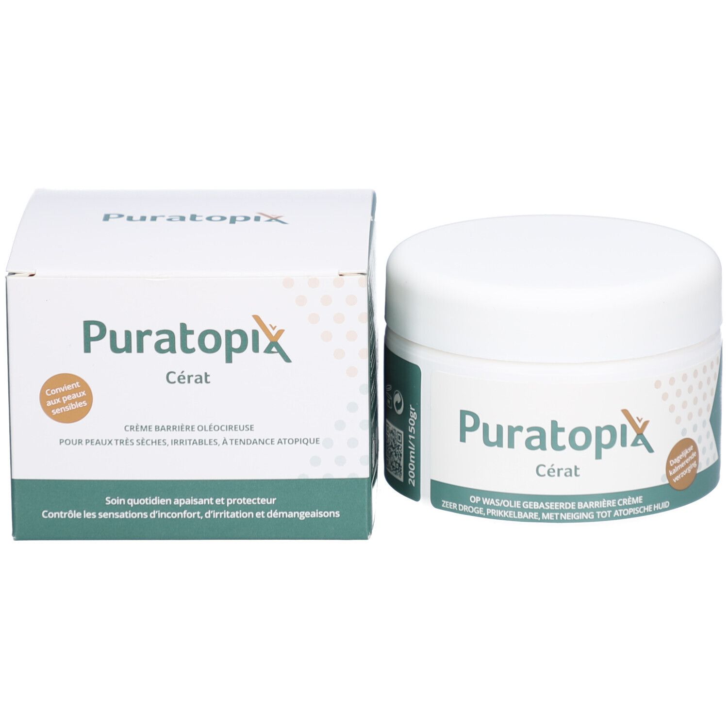 Emballage du produit et pot. Inscription: Puratopix Cérat. Emballage vert et blanc avec texte et logo.