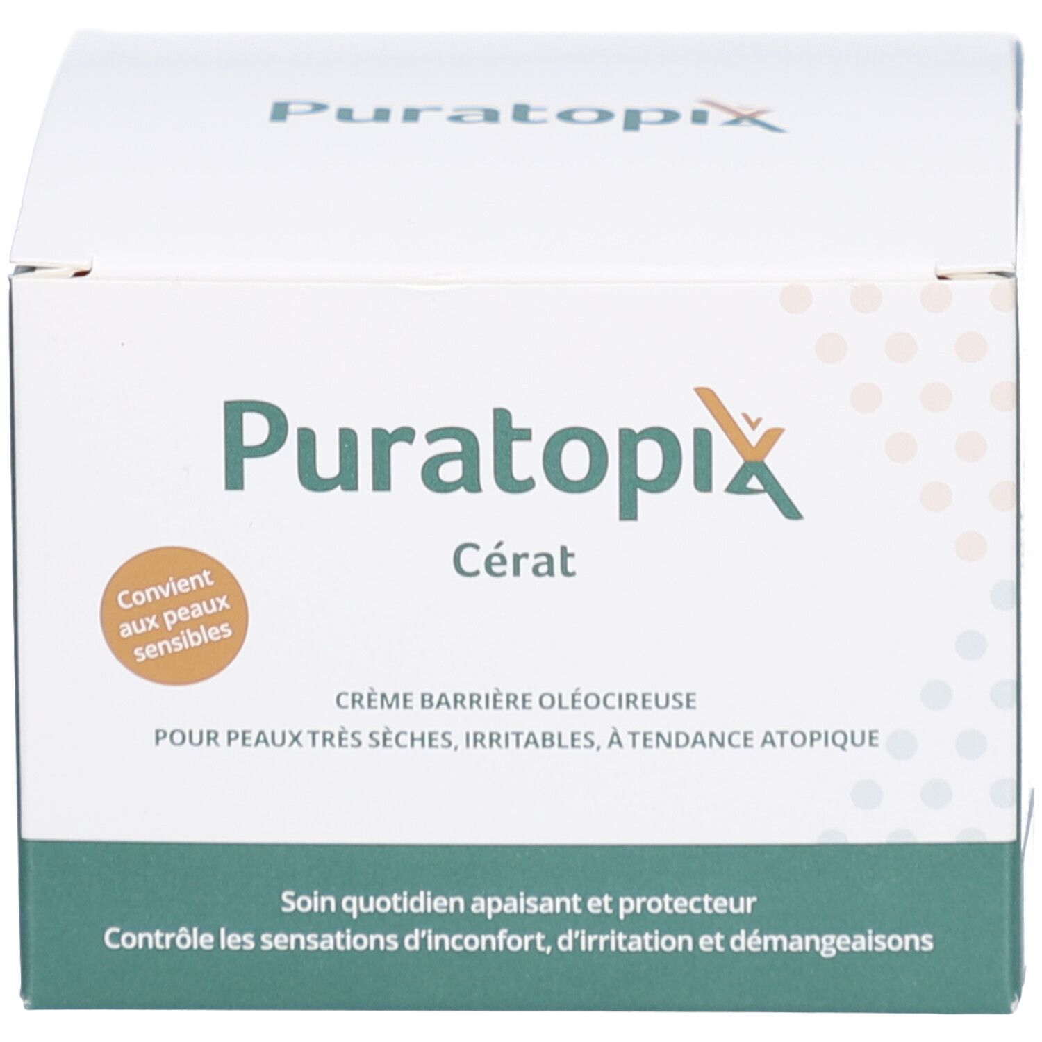 Emballage du produit. Inscription: Puratopix Cérat. Emballage vert et blanc avec texte et logo.