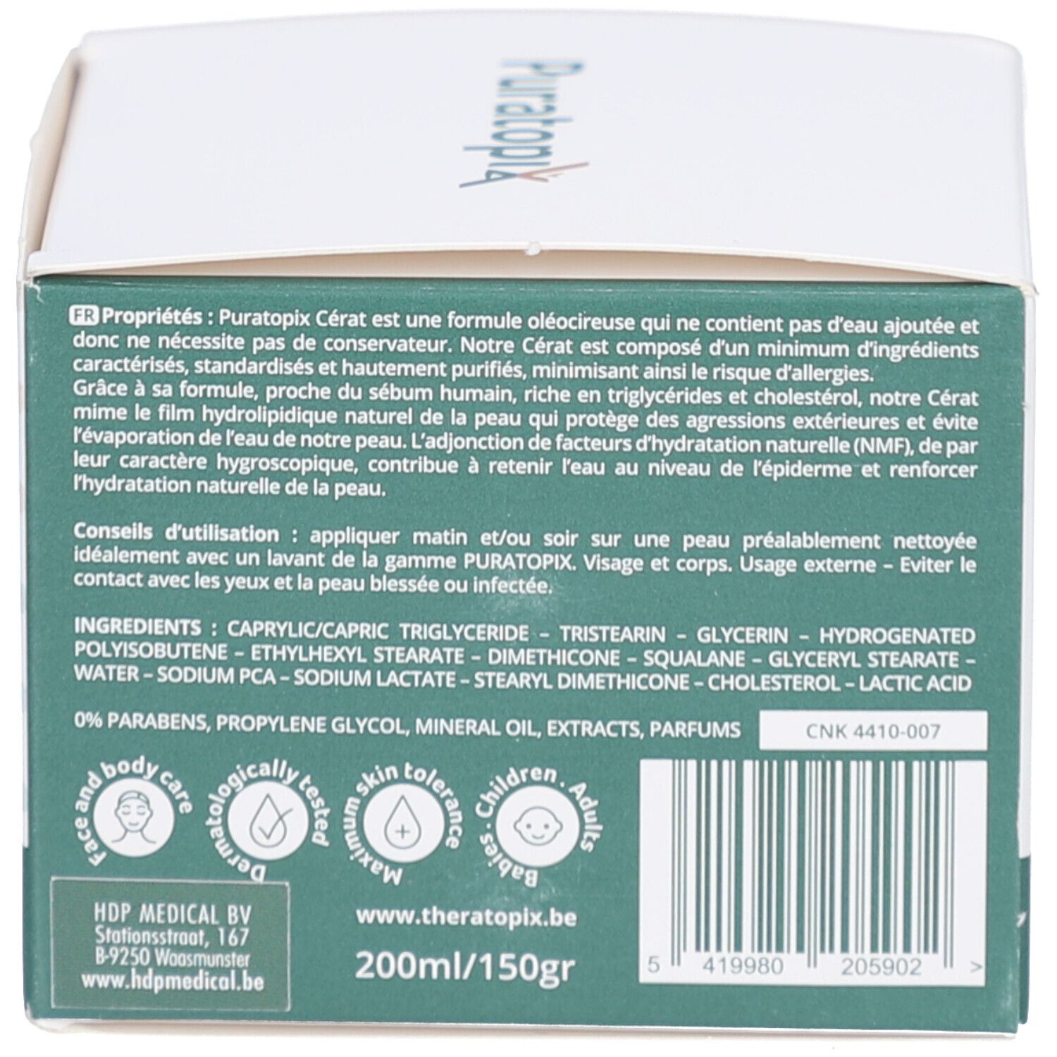 Dos de l'emballage du produit. Texte en français. Inscription: Puratopix Cérat.