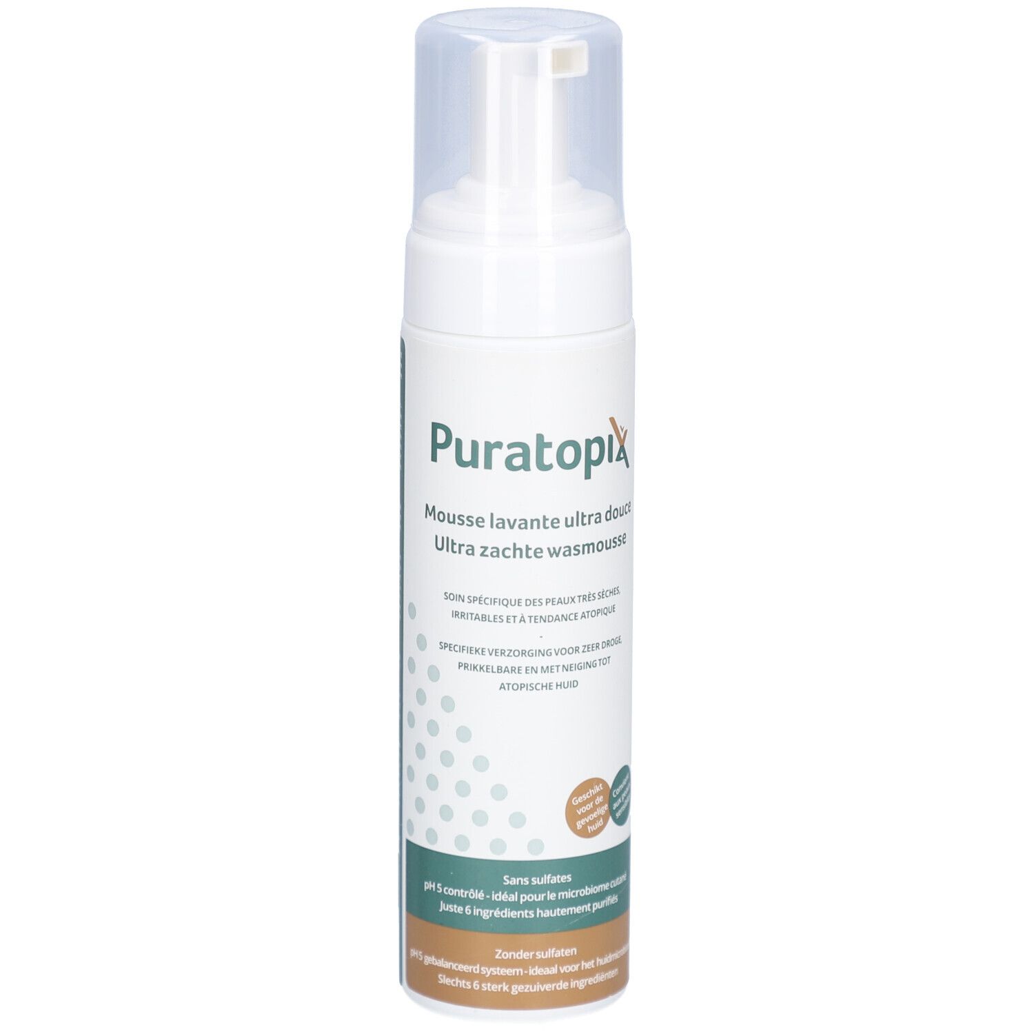 Witte fles met pomp. Opschrift: Puratopix Mousse lavante ultra douce. Specifieke verzorging voor zeer droge, geïrriteerde huid.