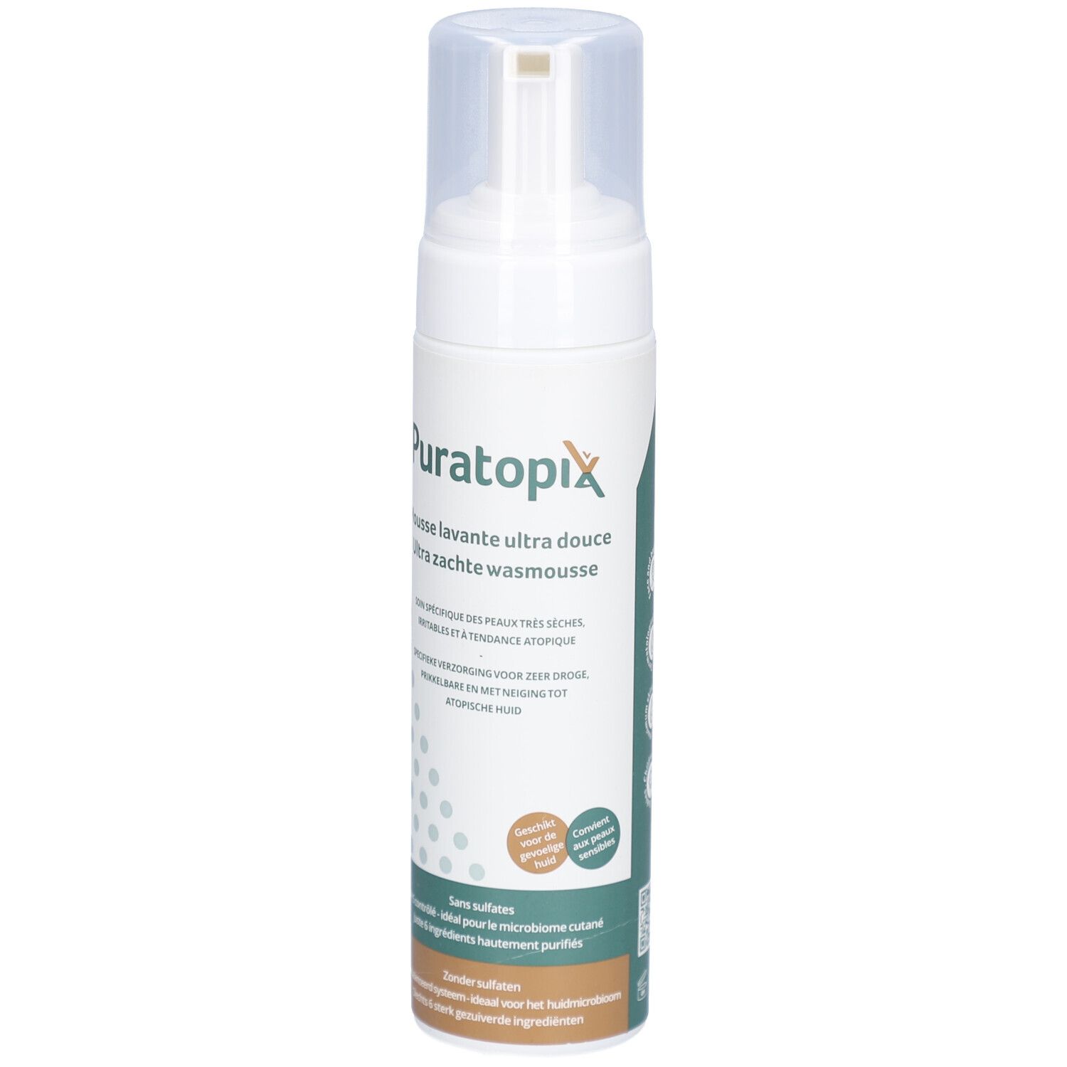 Witte fles met pomp. Opschrift: Puratopix Mousse lavante ultra douce. Specifieke verzorging voor zeer droge, geïrriteerde huid.