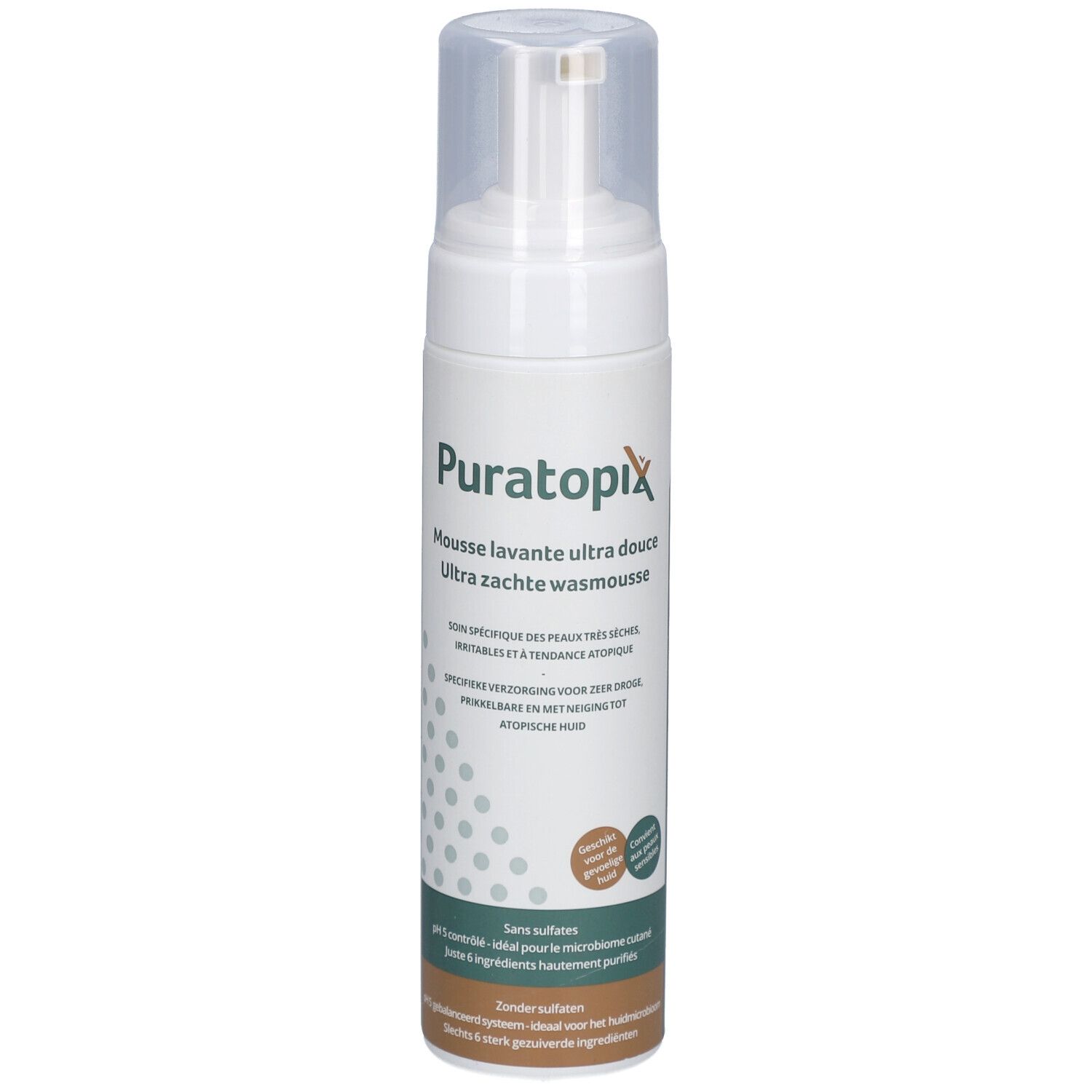 Witte fles met pomp. Opschrift: Puratopix Mousse lavante ultra douce. Specifieke verzorging voor zeer droge, geïrriteerde huid.