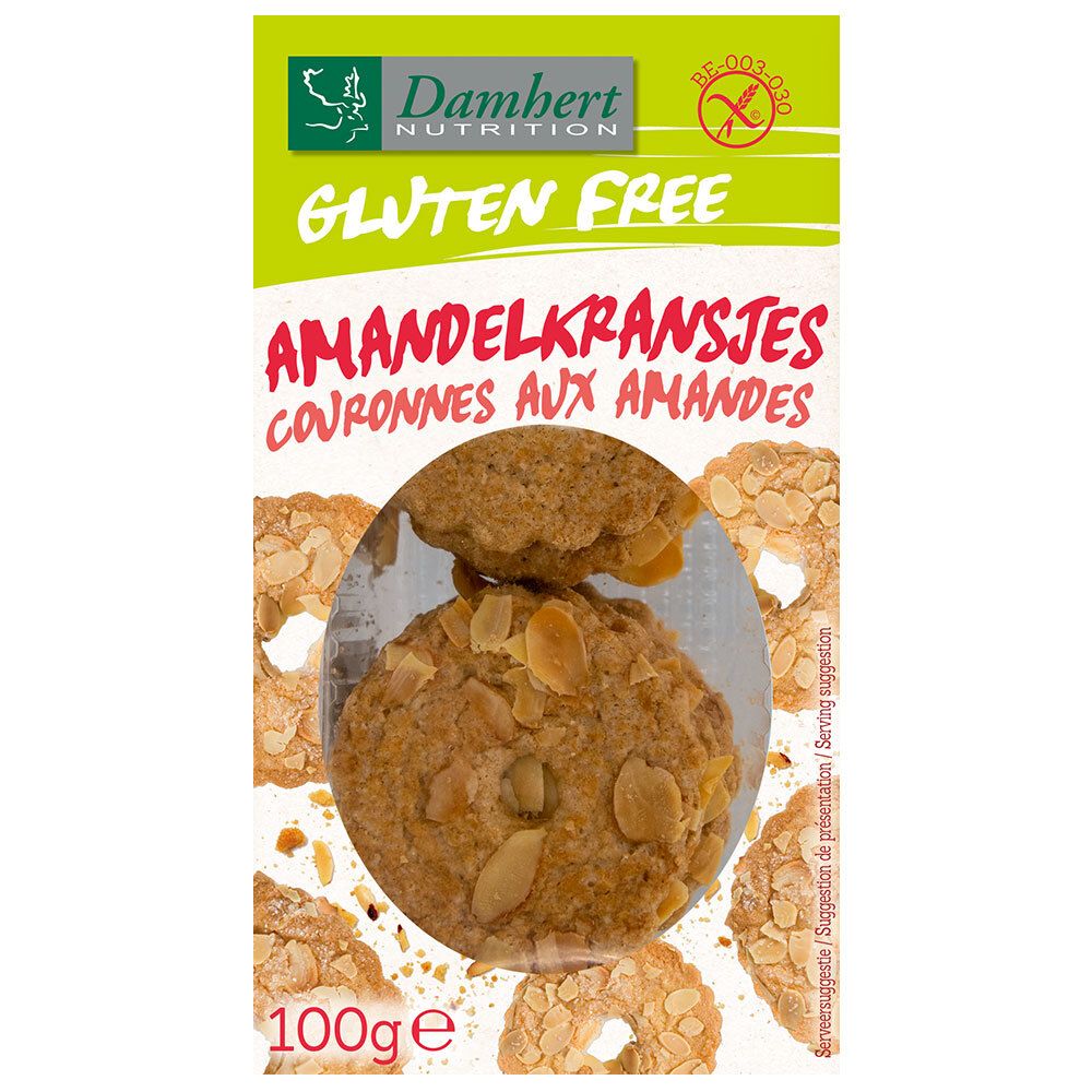 Verpakking met glutenvrije Amandelkransjes. Koekjes met amandelschilfers zichtbaar. Merk Damhert Nutrition.