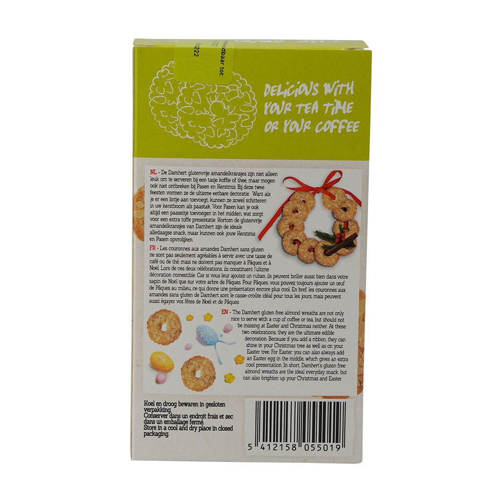 Achterkant van de verpakking met tekst in het Nederlands en Frans. Glutenvrije Amandelkransjes. Koekjesdecoratie.