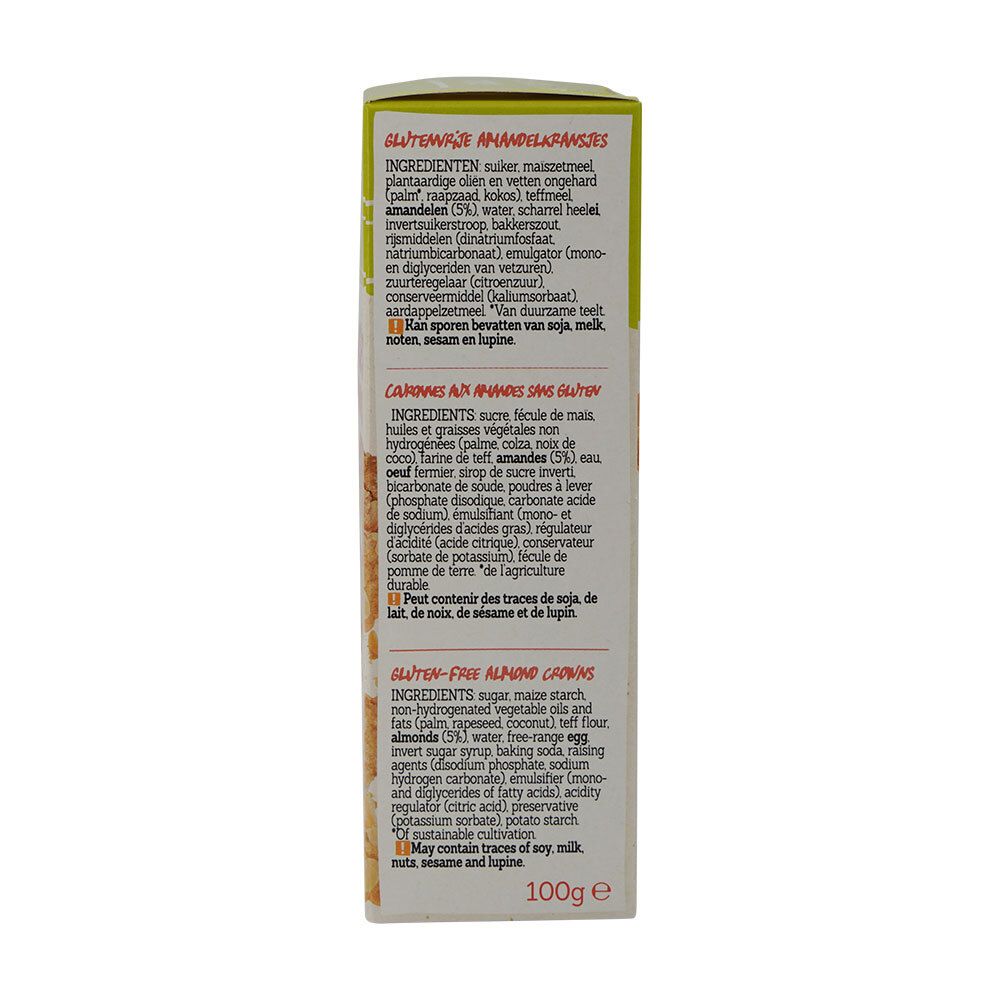 Achterkant van de verpakking met ingrediëntenlijsten in het Nederlands en Frans. Glutenvrije Amandelkransjes.