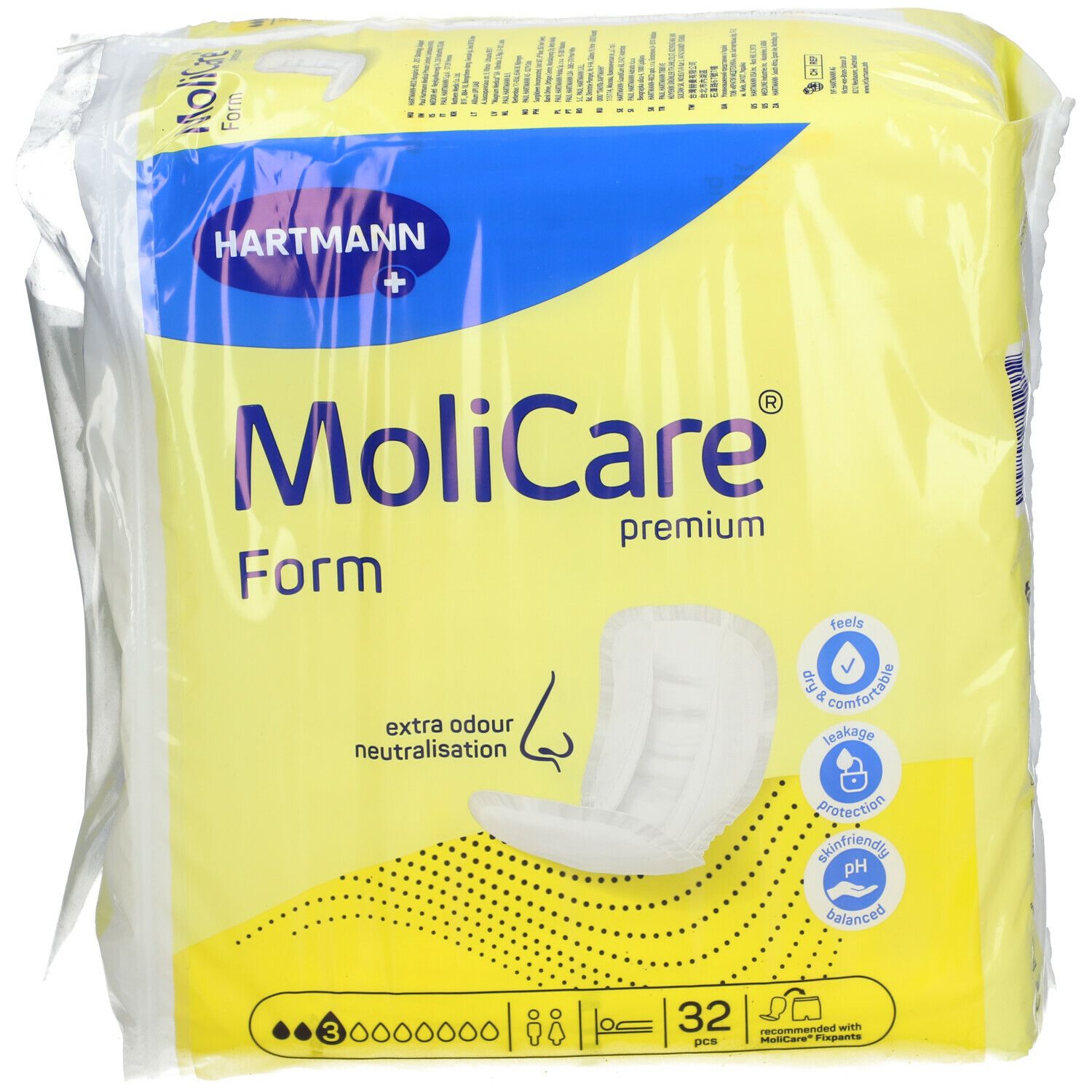 Verpakking van 32 MoliCare Form. Gele verpakking met productafbeelding en logo. Extra geurneutralisatie.
