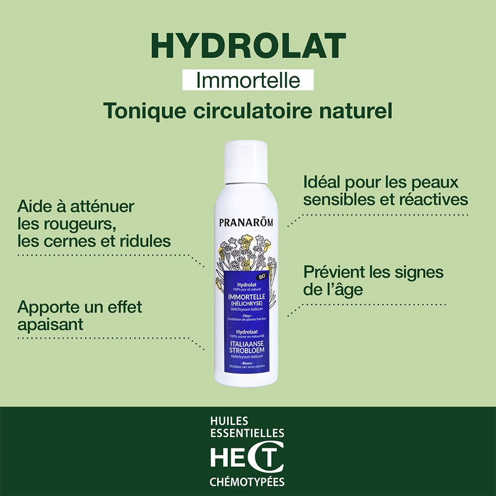 Spray Pranarôm blanc, étiquette bleue. Texte: Hydrolat Immortelle. Aide à atténuer les rougeurs, apaise.