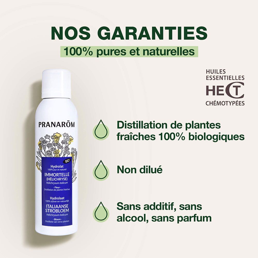 Spray Pranarôm blanc, étiquette bleue. Texte: 100% pur et naturel. Distillation de plantes fraîches.
