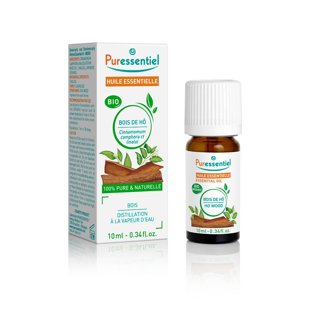 Flacon et emballage. Flacon avec bouchon blanc, emballage avec nom du produit, marque et certification bio.