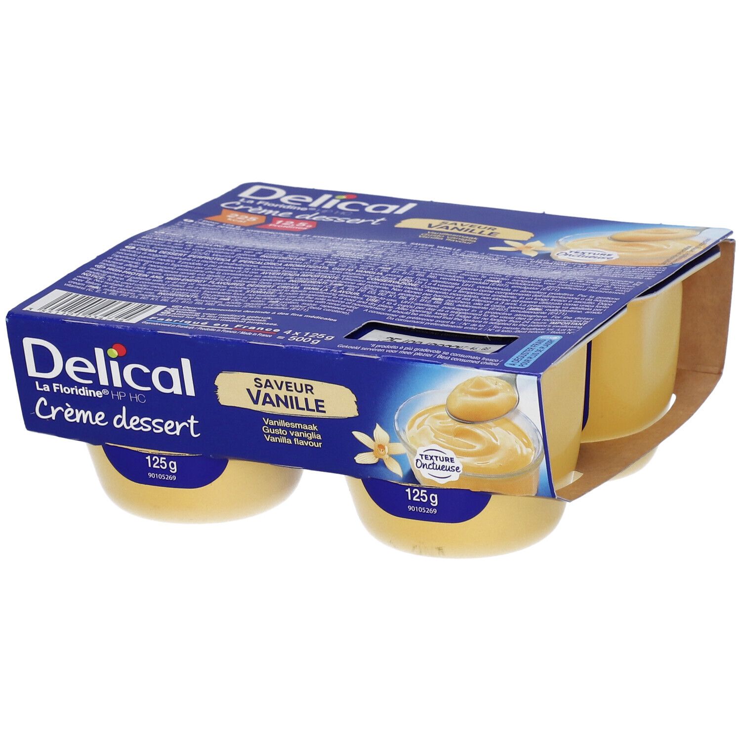 Emballage de quatre crèmes dessert vanille. Emballage bleu avec nom du produit et image. Pots de yaourt avec contenu jaune.