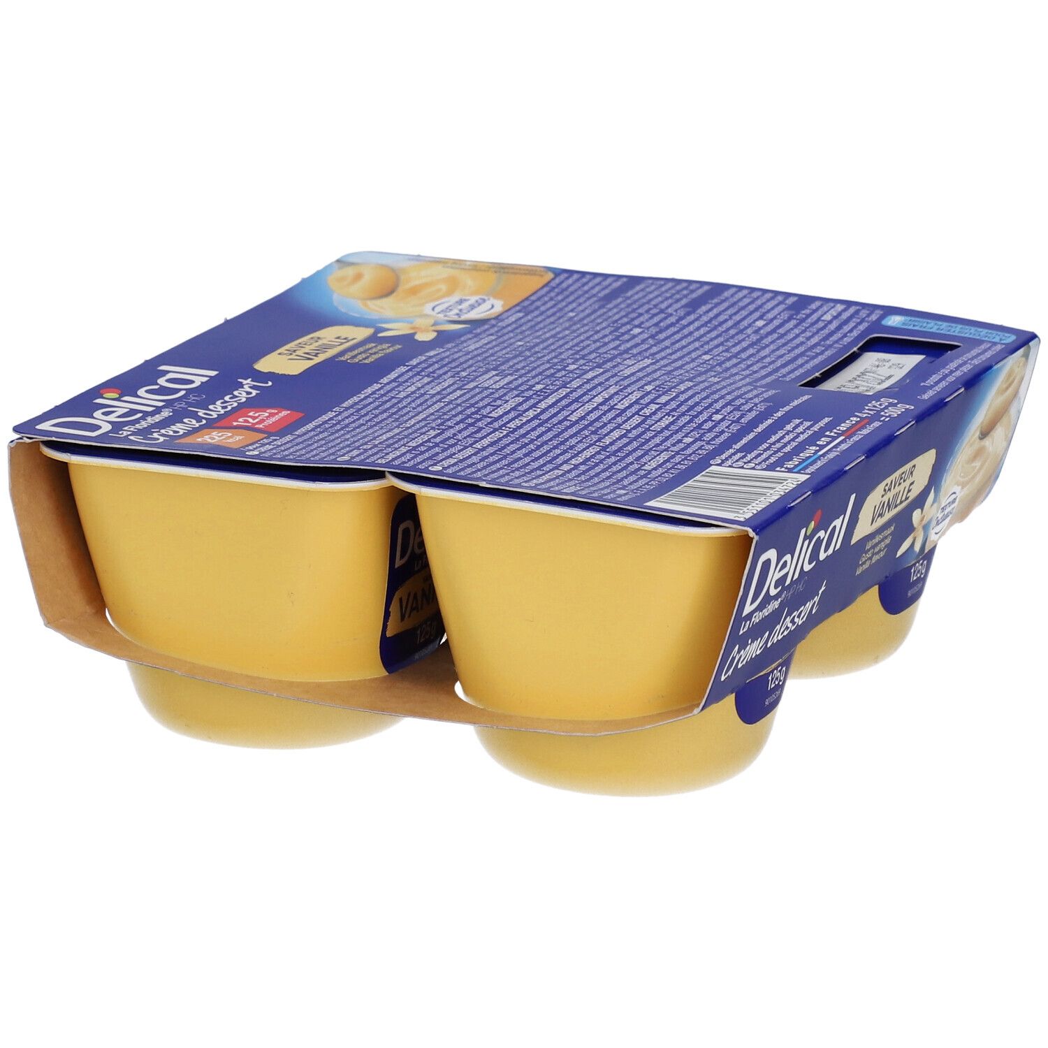 Emballage de quatre crèmes dessert vanille. Emballage bleu avec nom du produit. Pots de yaourt avec contenu jaune. Vue latérale.