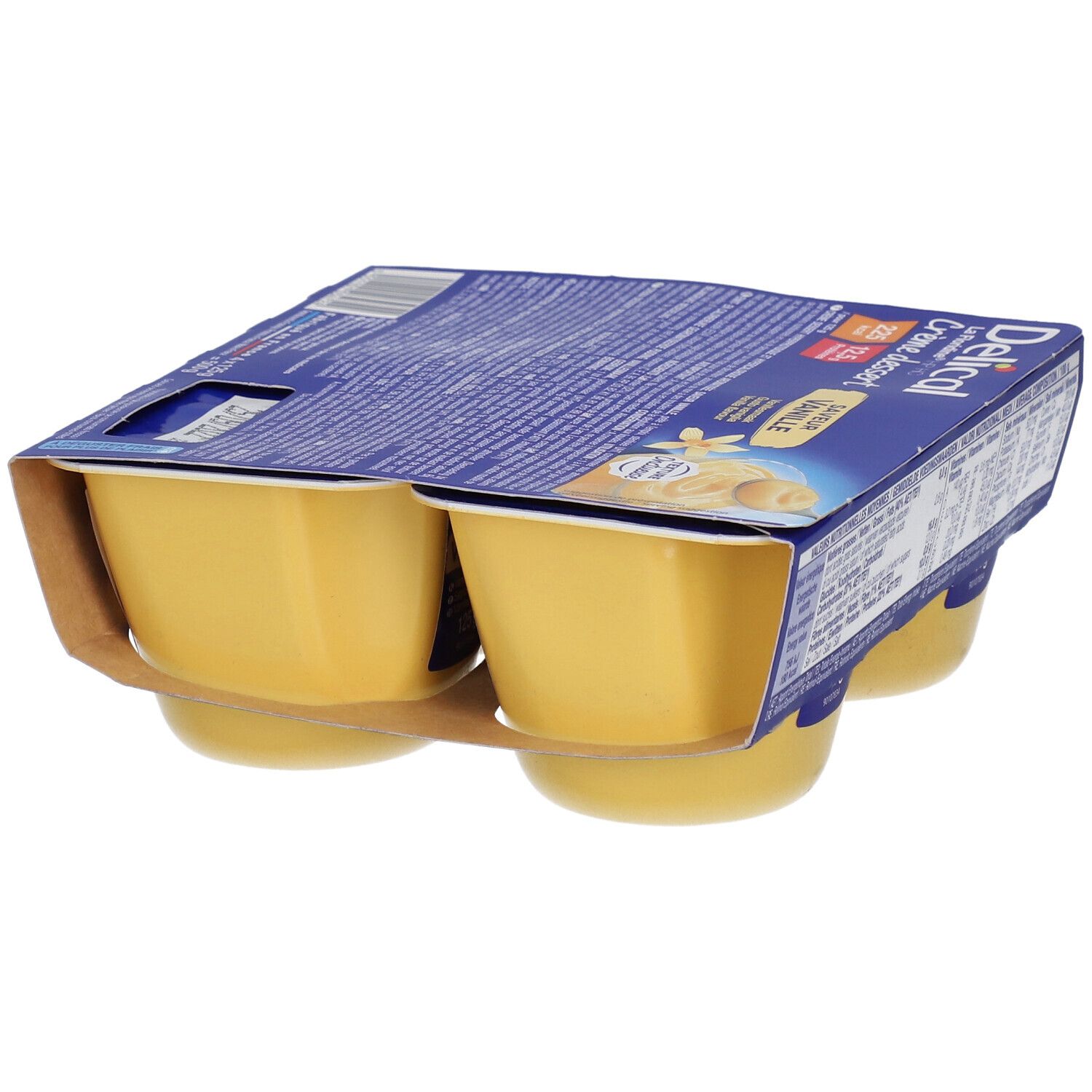 Emballage de quatre crèmes dessert vanille. Emballage bleu avec nom du produit. Pots de yaourt avec contenu jaune. Vue arrière.