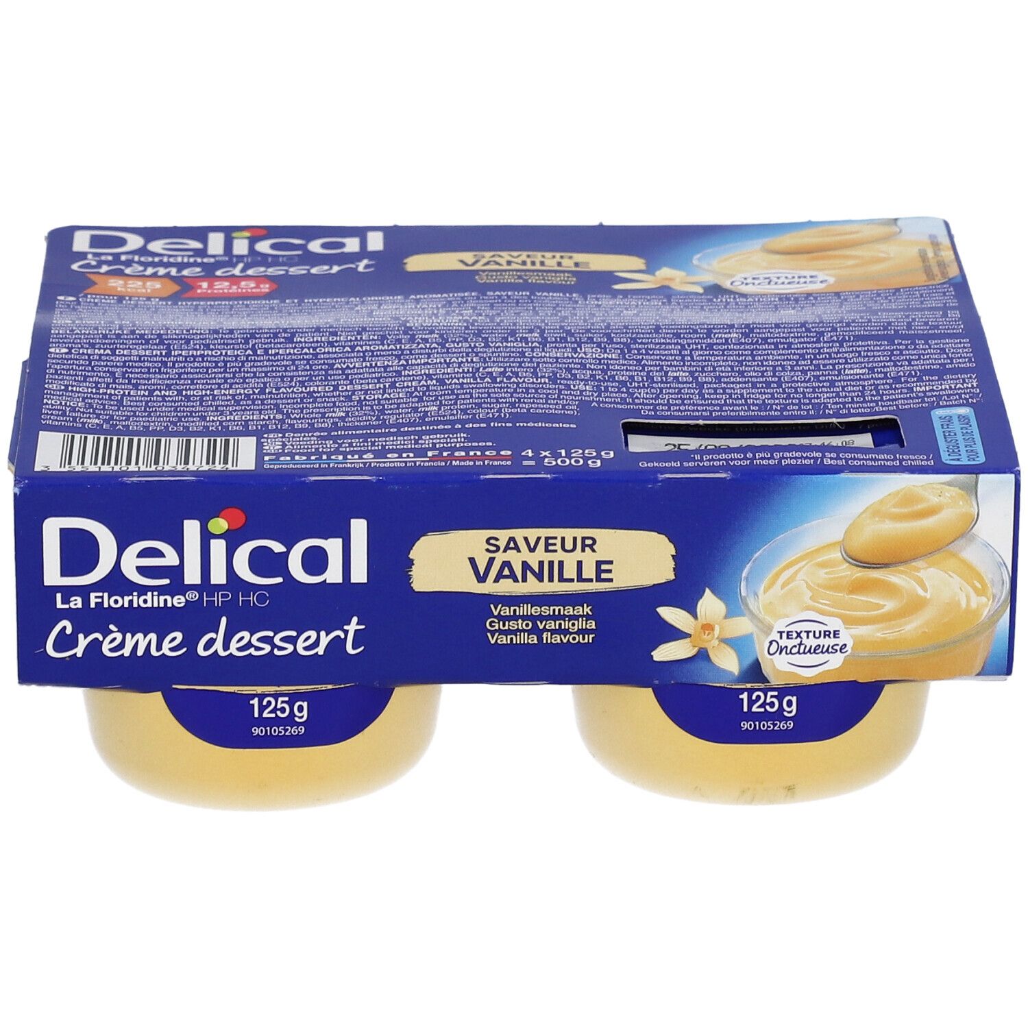 Emballage de quatre crèmes dessert vanille. Emballage bleu avec nom du produit et image. Pots de yaourt avec contenu jaune.