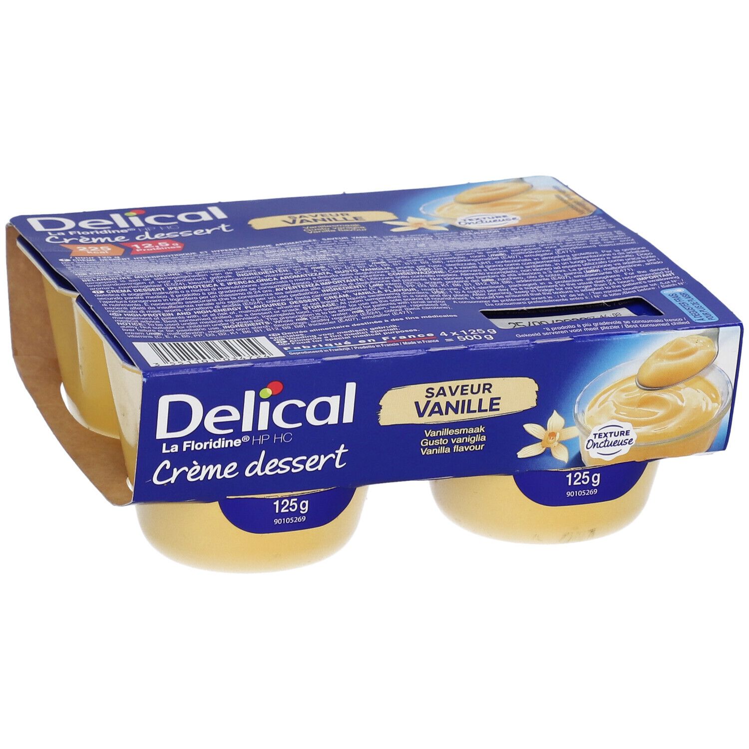 Emballage de quatre crèmes dessert vanille. Emballage bleu avec nom du produit et image. Pots de yaourt avec contenu jaune.