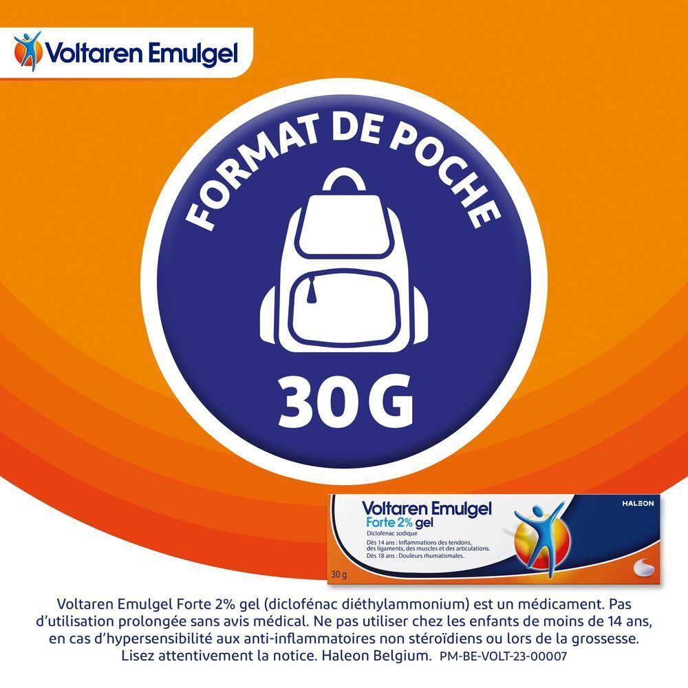 Illustration circulaire. Symbole sac à dos. Texte : 30G. Boîte de gel Voltaren Emulgel Forte 2%.