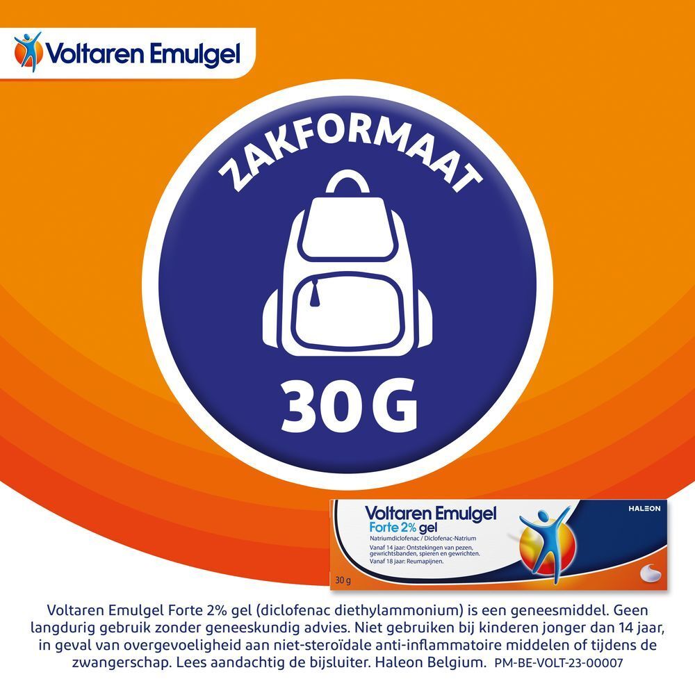 Cirkelvormige illustratie. Rugzak-symbool. Tekst: 30G. Voltaren Emulgel Forte 2% gel doos.