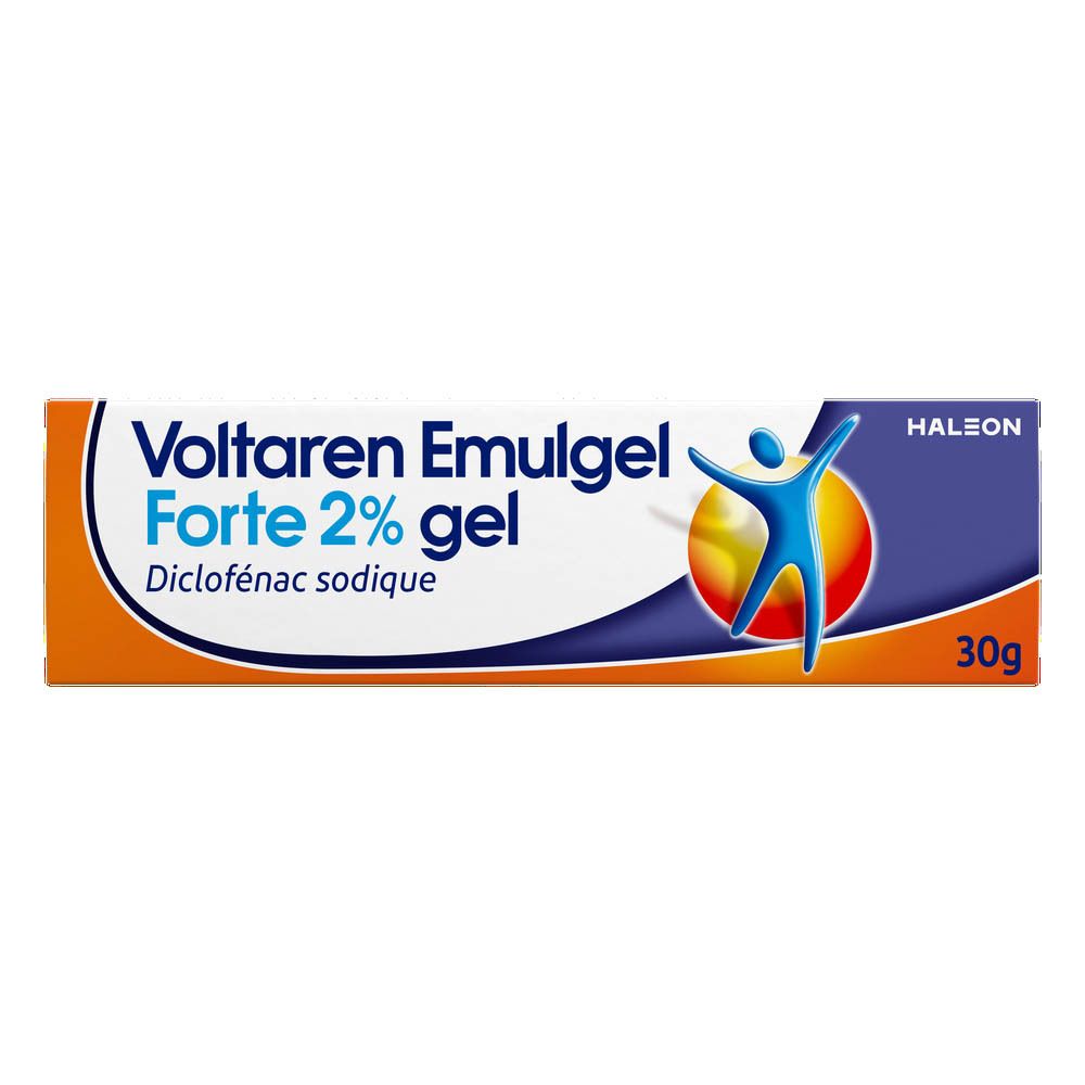 Tube et boîte de Voltaren Emulgel Forte 2% gel. 30g. Logo HALEON.