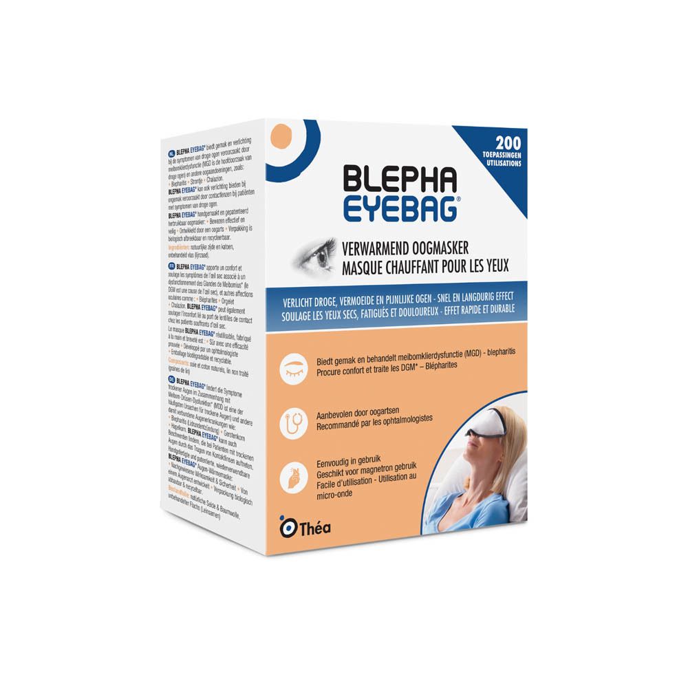 Verpakking van Blepha Eyebag®. Verwarmend oogmasker. Bevat 200 toepassingen. Aanbevolen door oogartsen.