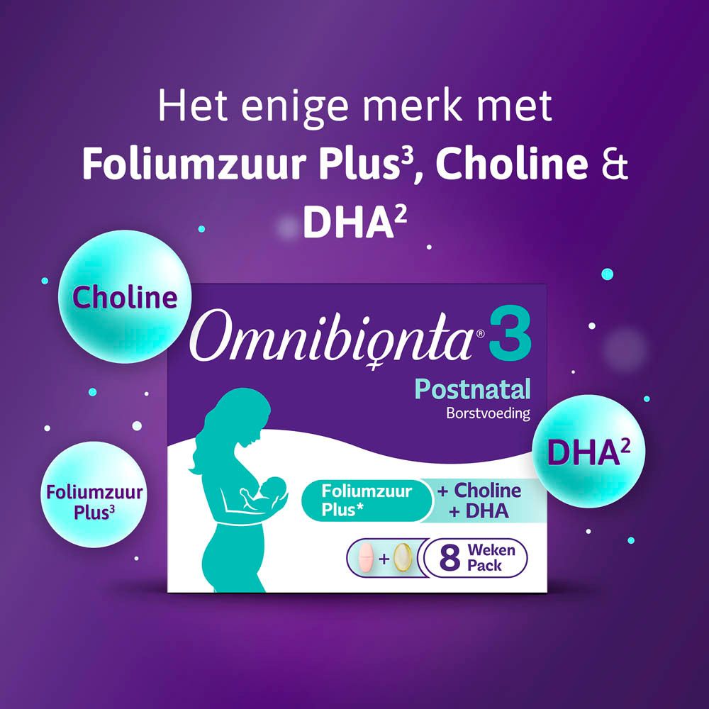 Omnibionta 3 verpakking. Tekst: Postnatal 3, Borstvoeding. Bevat tabletten en capsules.