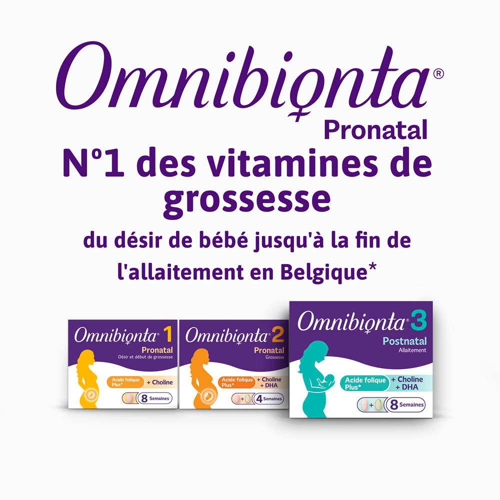 Boîte Omnibionta 3. Texte : Acide folique Plus, Choline. Contient comprimés et gélules.