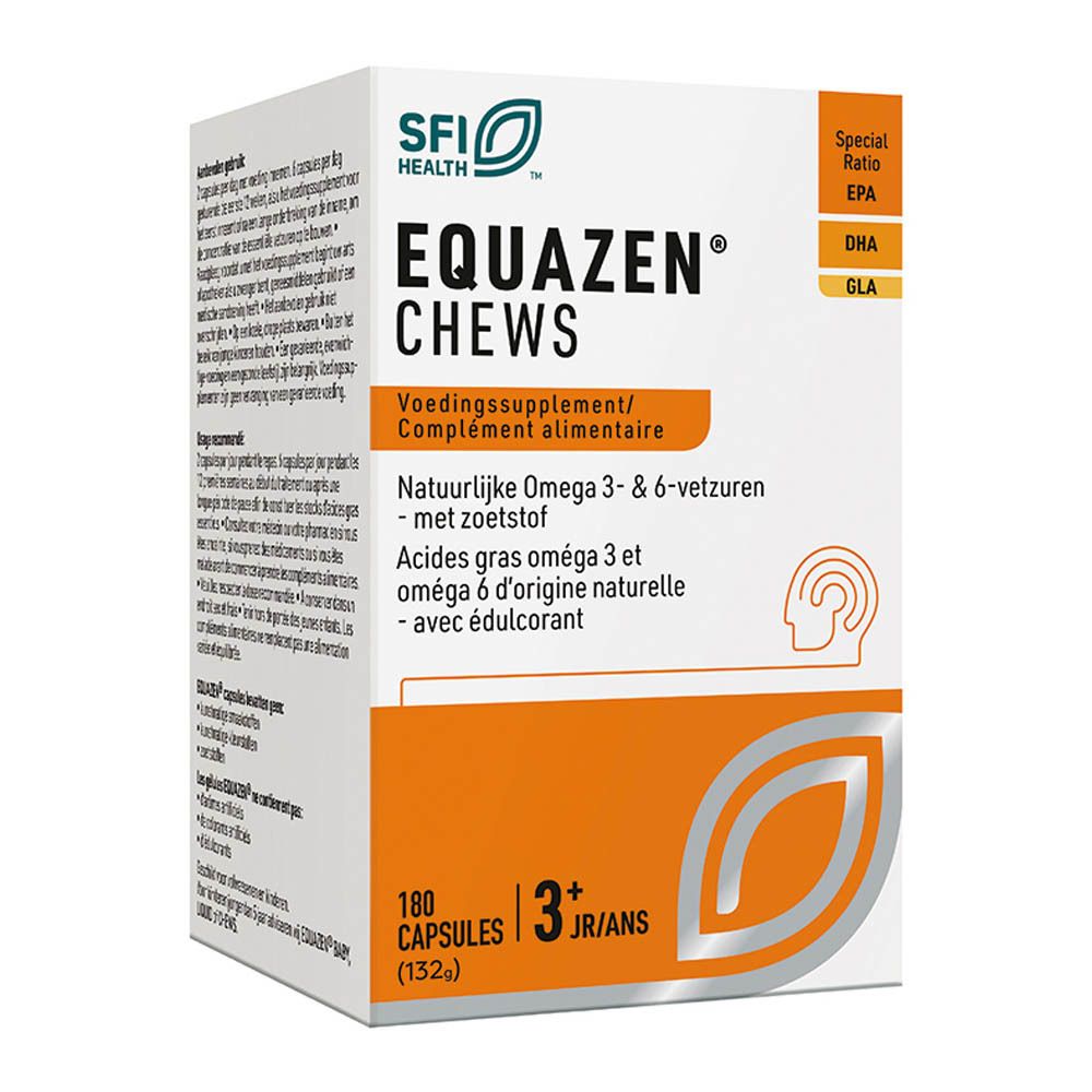 Doos EQUAZEN® eye q® Chews. Oranje verpakking met productinfo. 180 capsules, 3+ jaar.