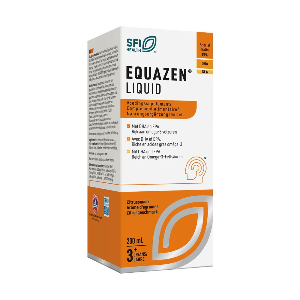 Emballage du produit. Boîte avec inscription EQUAZEN® LIQUID. Design orange avec informations et logo du produit.