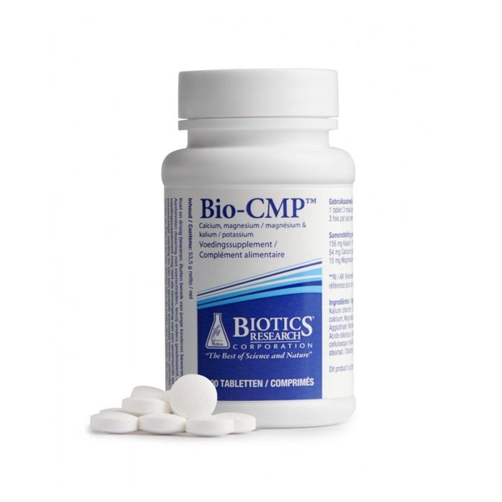 Witte fles met tabletten ernaast. Opschrift "Bio-CMP", "100 tabletten".