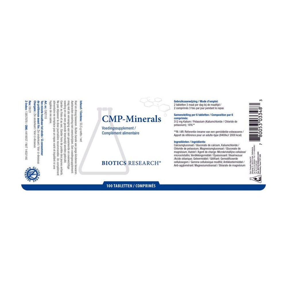 Productlabel met tekst. Opschrift "CMP-Minerals", "100 tabletten".