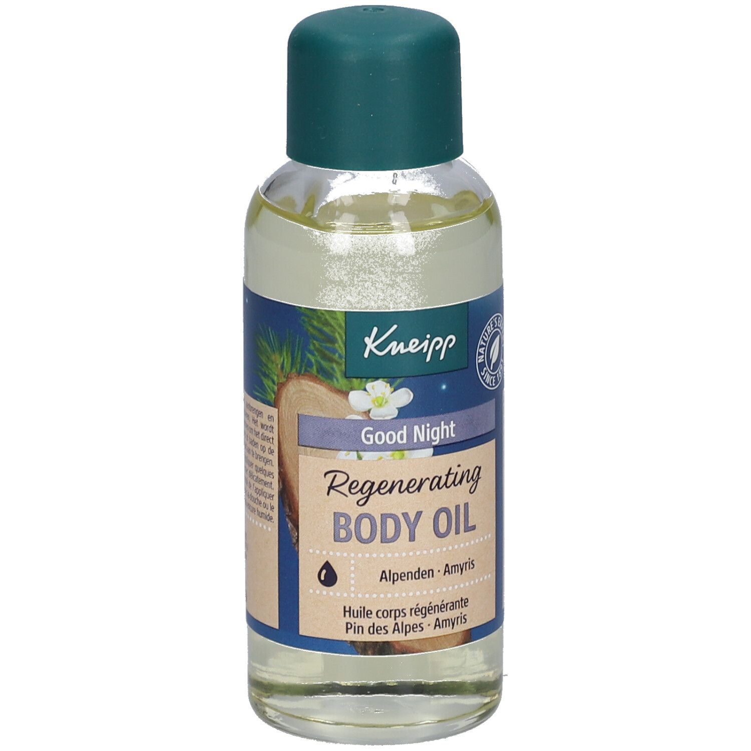 Kneipp Good Night huidoliefles. Groene dop, blauw-witte etiketten. Tekst: Regenerating Body Oil, Alpen, Amyris.