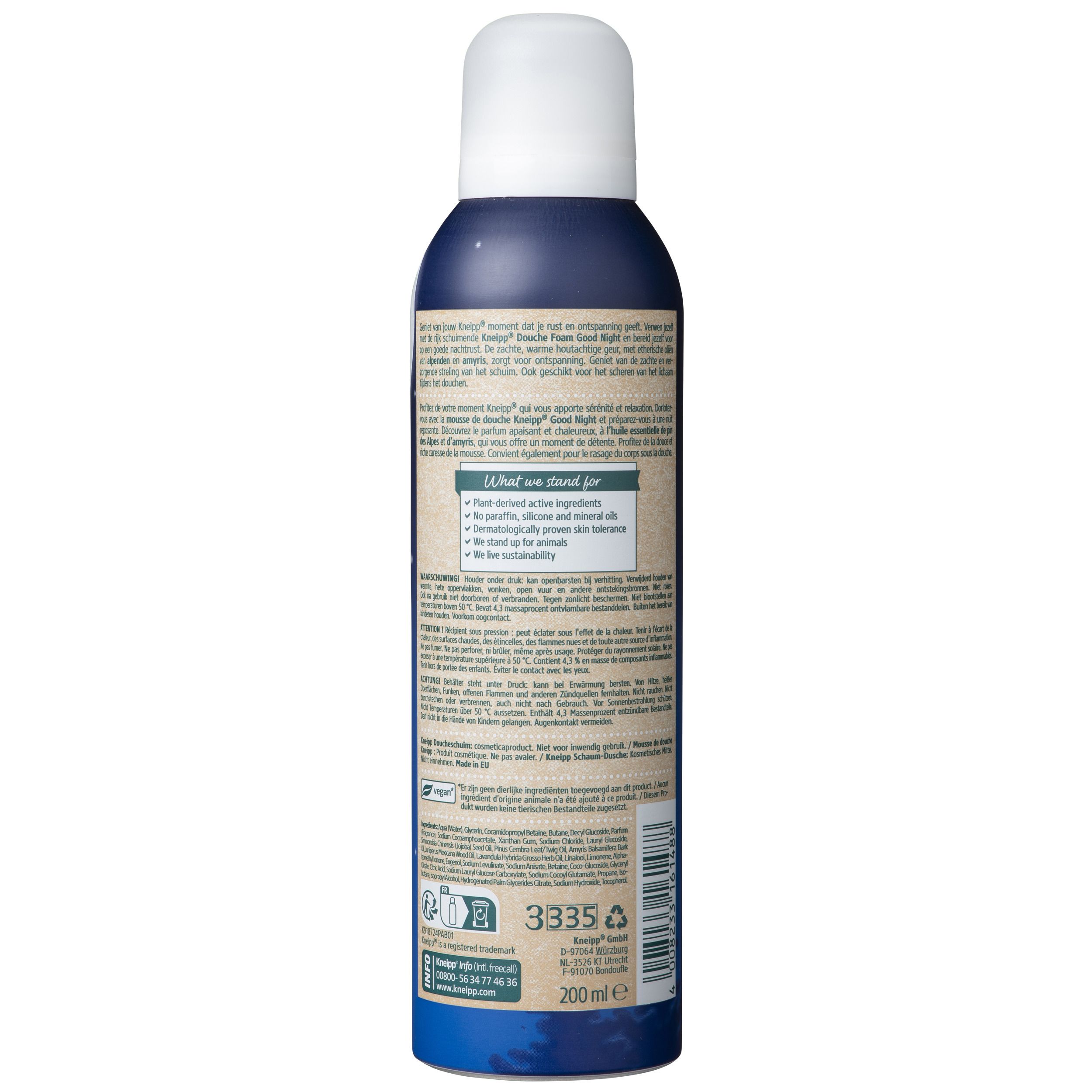 Blauwe spuitfles, achterkant. Tekstinformatie, barcode, logo. Opschrift Kneipp, Good Night, Douche Foam.