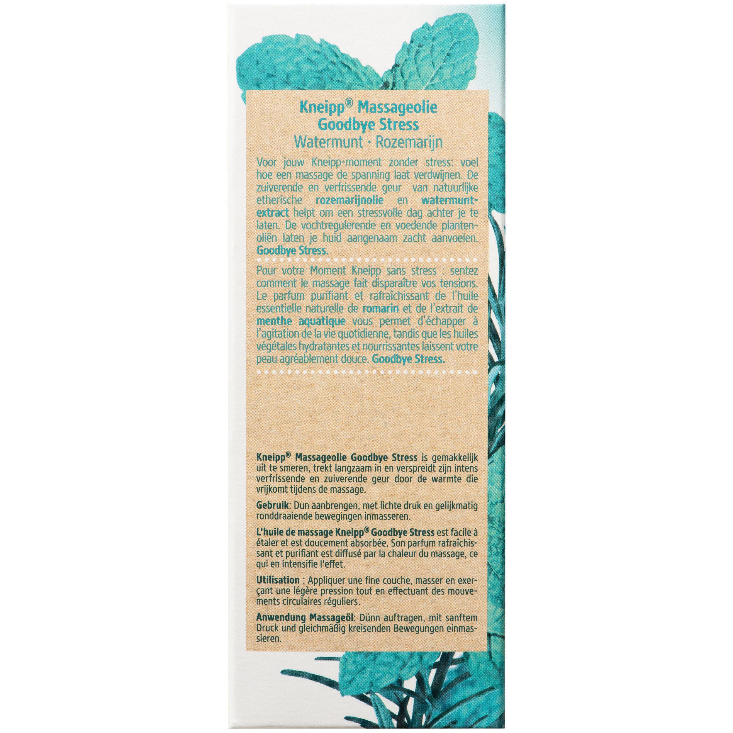 Kneipp Goodbye Stress massageolie. Fles met groene dop. Etiket met productnaam en ingrediënten. 100 ml.