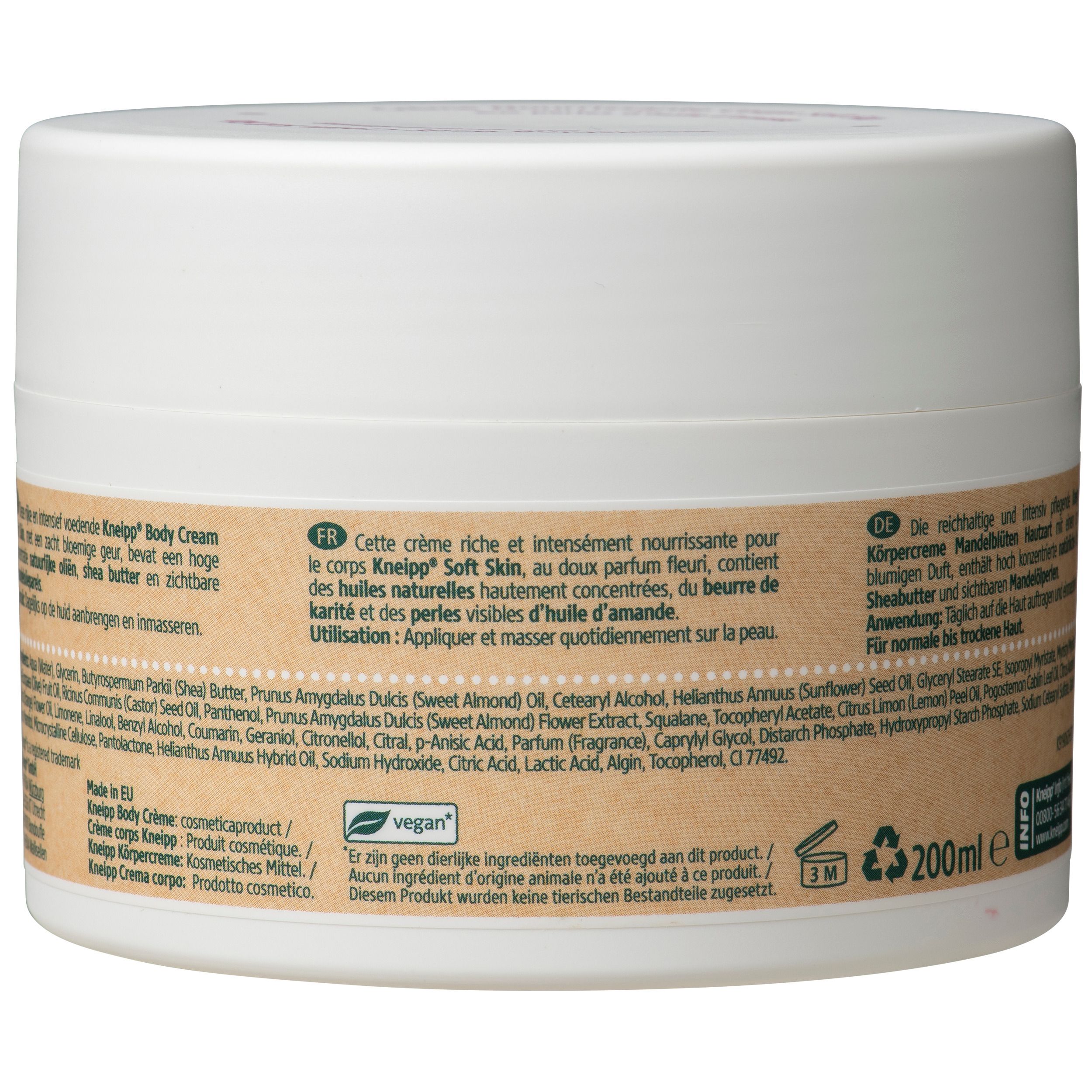 Witte pot, zijaanzicht. Sticker met productinformatie en ingrediënten. Veganistisch logo.