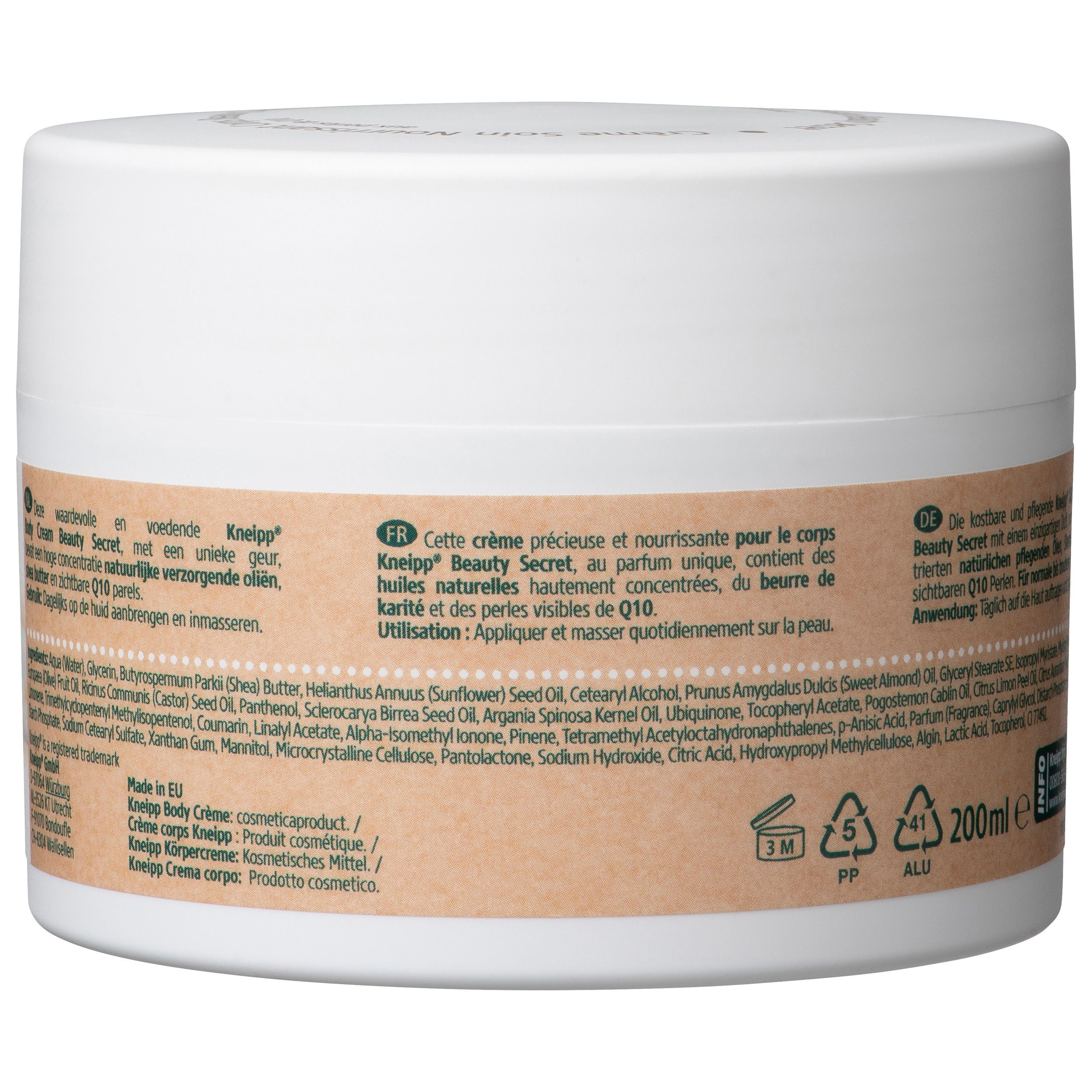 Witte pot Kneipp Beauty Secret. Achterkant met tekst, ingrediëntenlijst, Vegan-logo en 200ml.