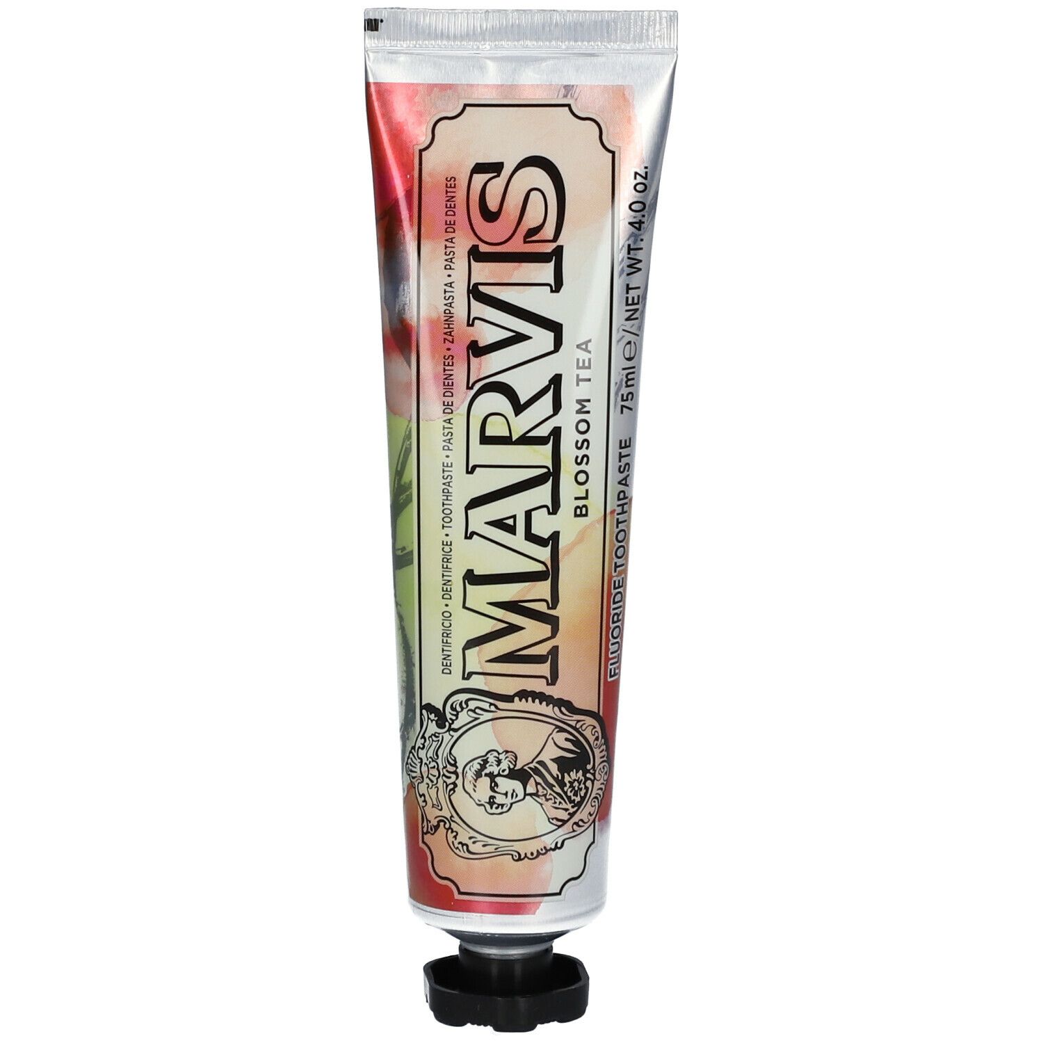 Tube de dentifrice Marvis Blossom Tea. Inscription 75ml/4.0 oz. Logo et texte visibles.