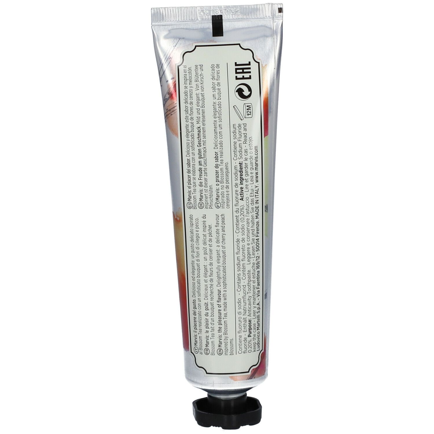 Dos du tube de dentifrice avec texte et ingrédients. Logo et texte Marvis.