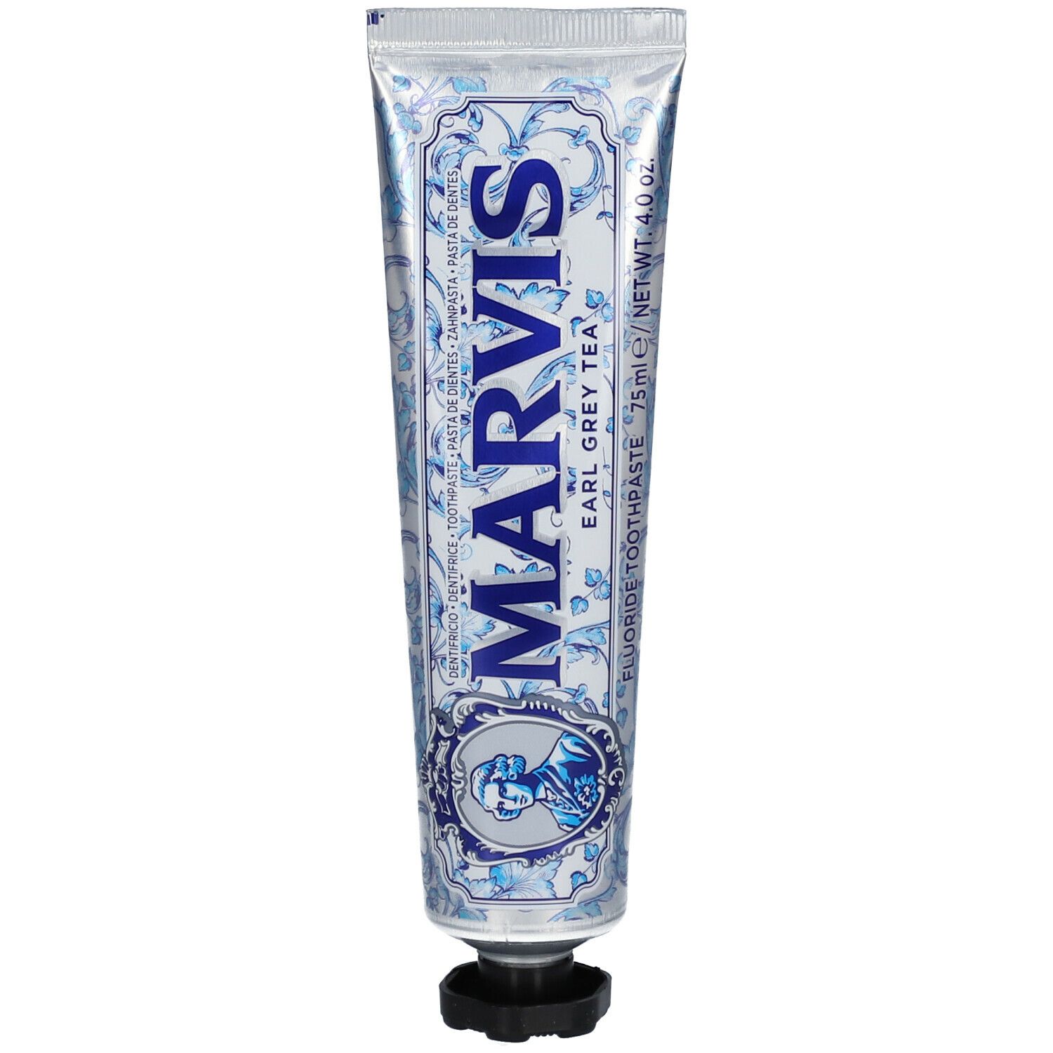 Tube de dentifrice argentée, motif bleu et inscription MARVIS. Earl Grey Tea.
