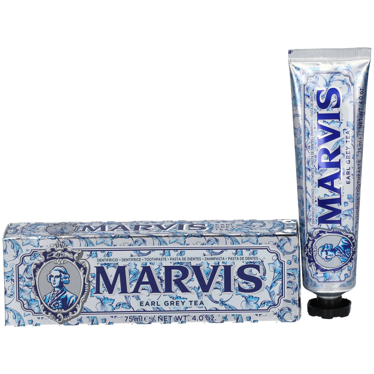 Tube et boîte de dentifrice. Argenté, motif bleu et inscription MARVIS. Earl Grey Tea.