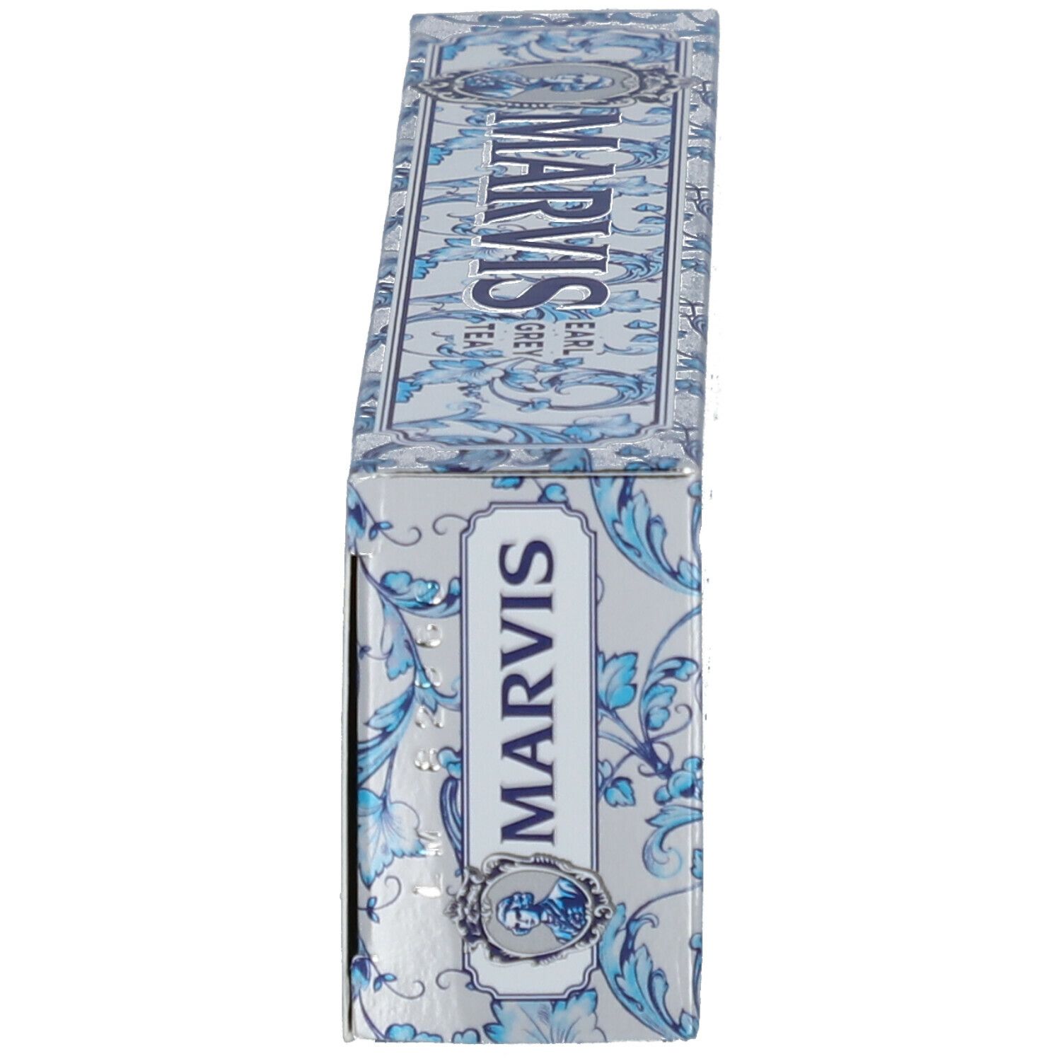 Boîte, côté avec motif bleu et inscription MARVIS. Earl Grey Tea.