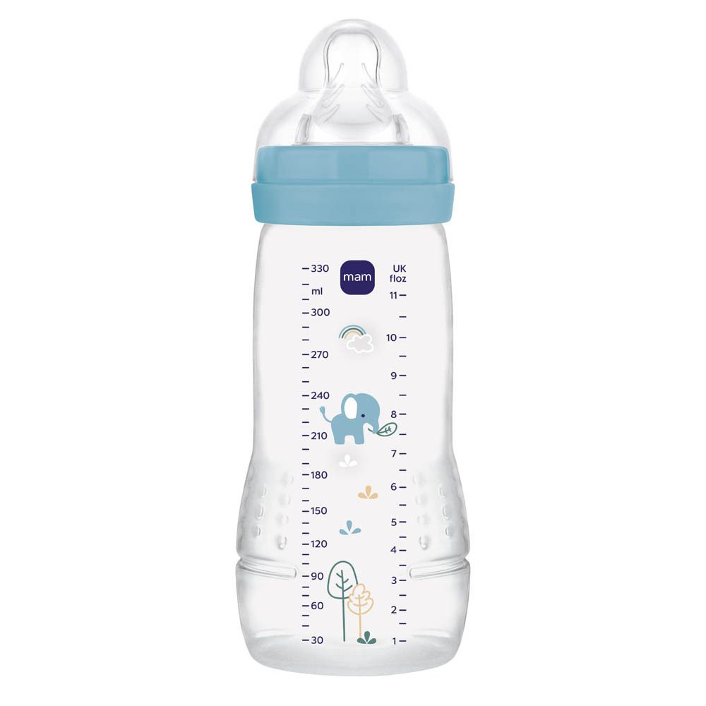MAM Easy Active babyfles 330ml met blauwe dop, schaalverdeling en olifantmotief.