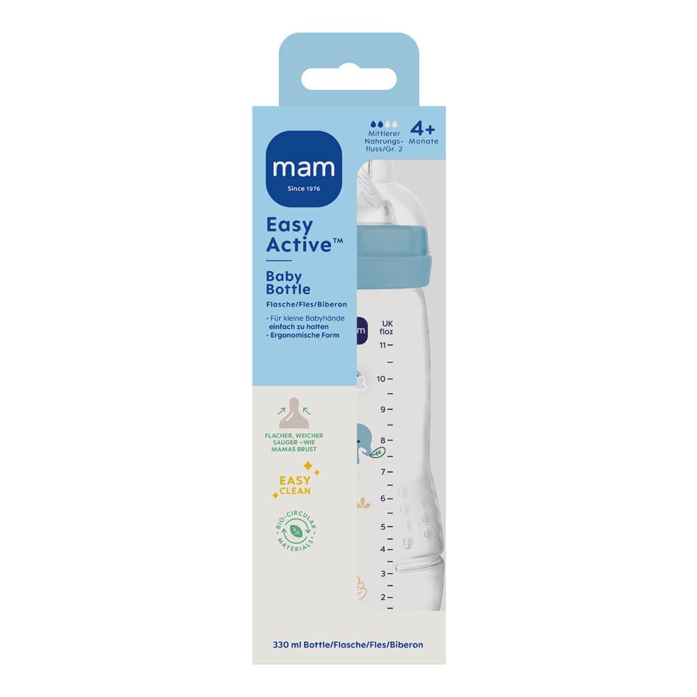 MAM Easy Active babyfles 330ml in verpakking met blauwe dop en dierenmotieven.